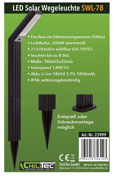 LED Solar Wegeleuchte "SWL-78" IP44, 63cm, Dämmerungssensor, 3000k warmweiß