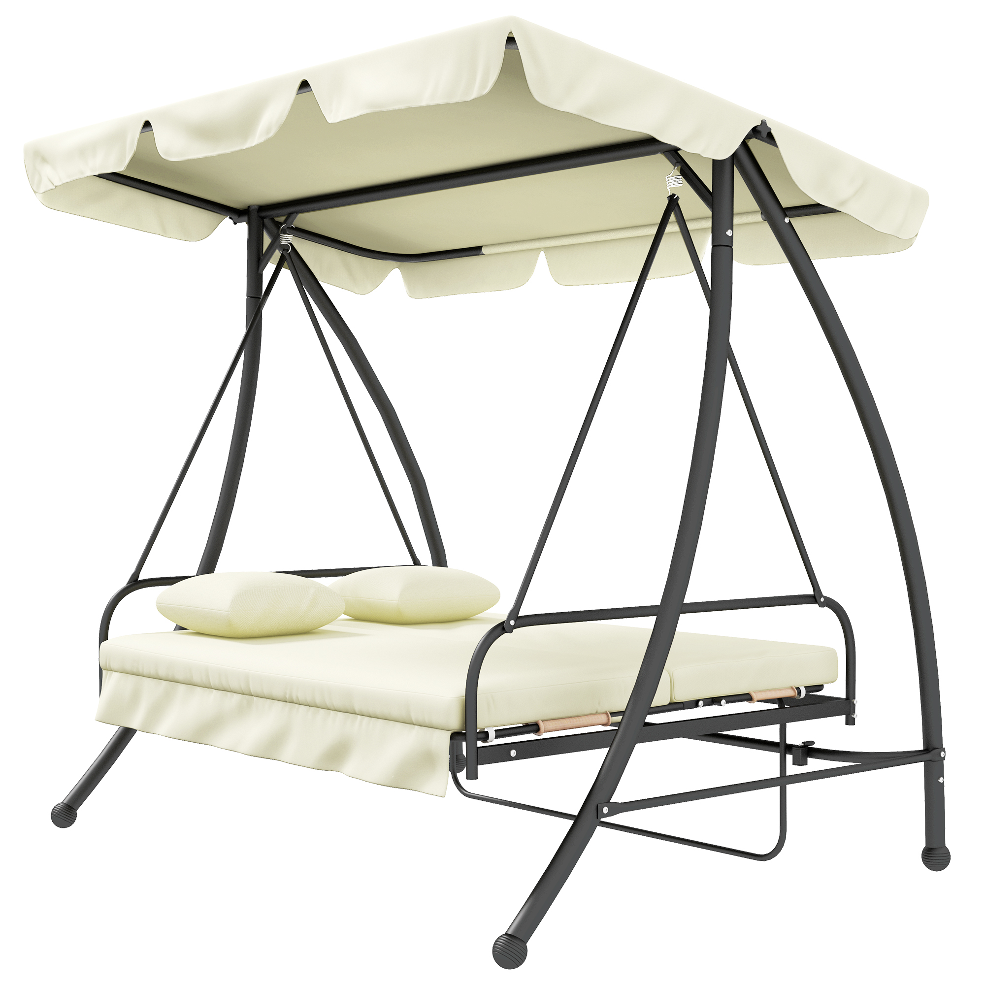 Hollywoodschaukel, Schaukelbank mit Liege-Funktion, 3 Sitzer, Metall+Polyester, 200 x 125 x 170 cm, Weiß