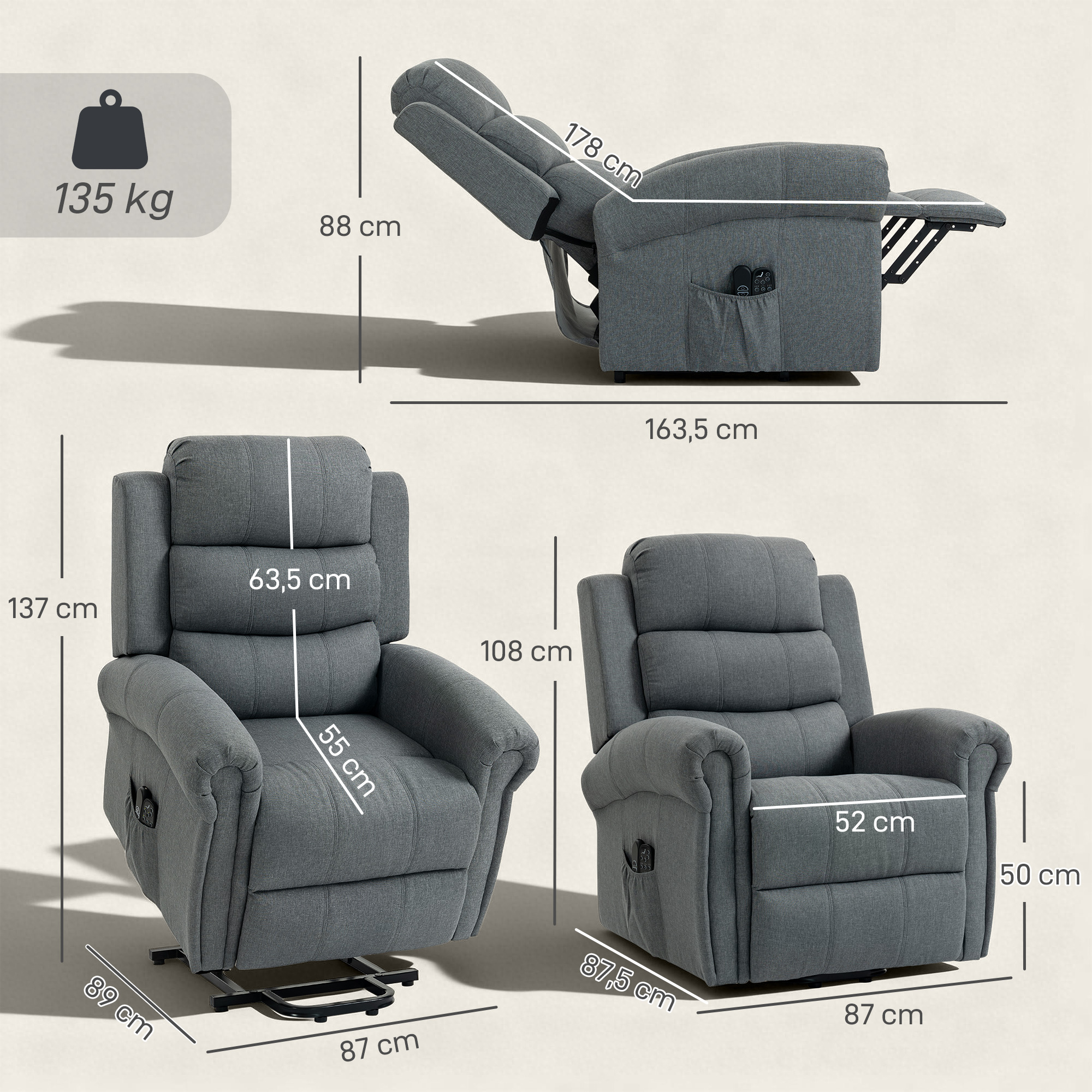 Massagesessel mit Aufstehhilfe, Relaxsessel, Vibrationsköpfe, mit Neigefunktion, Leinenoptik, Grau