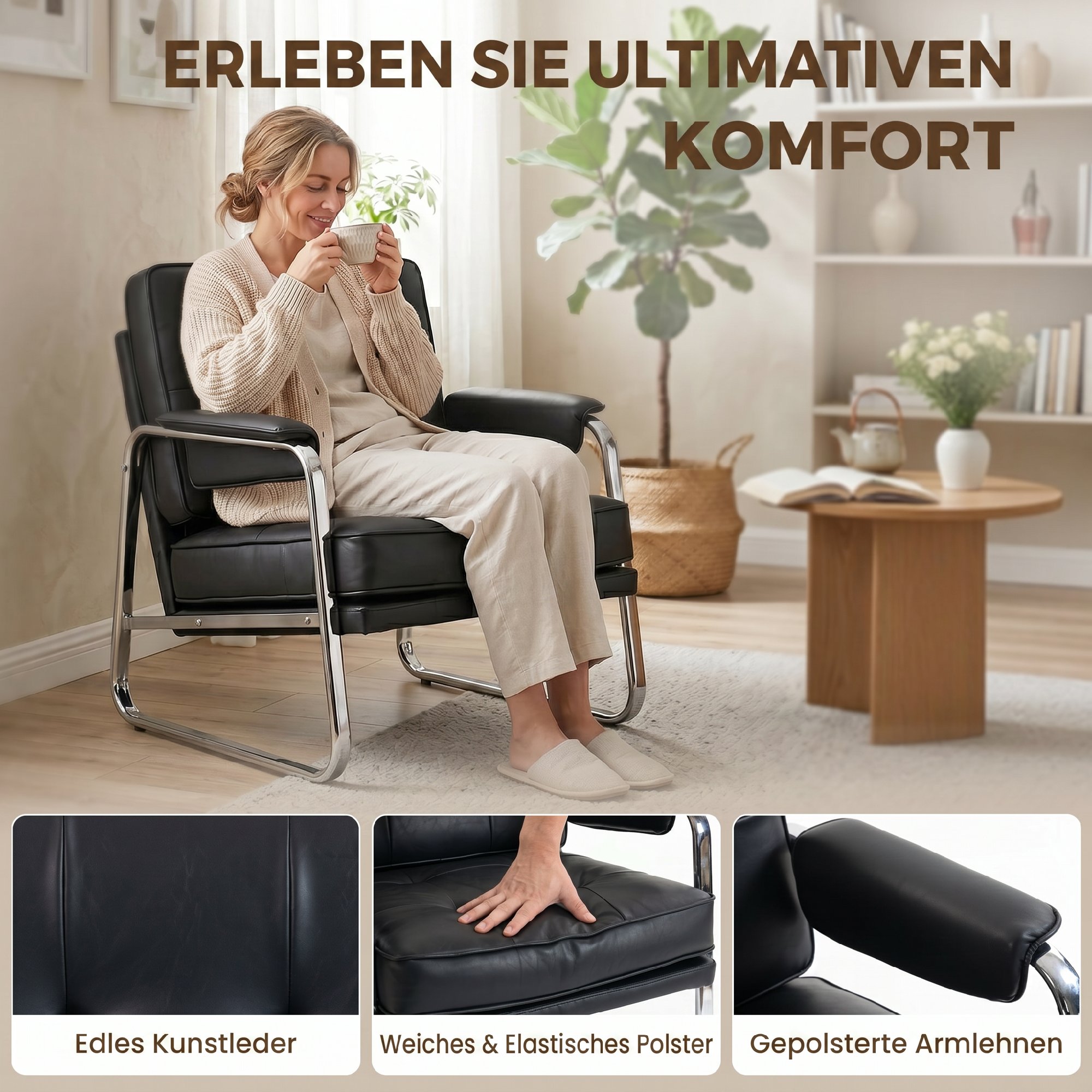 Sessel Loungesessel mit breiter Sitz, Armlehnen, Stahlbeinen, aus Kunstleder für Wohnzimmer, Schlafzimmer, Schwarz