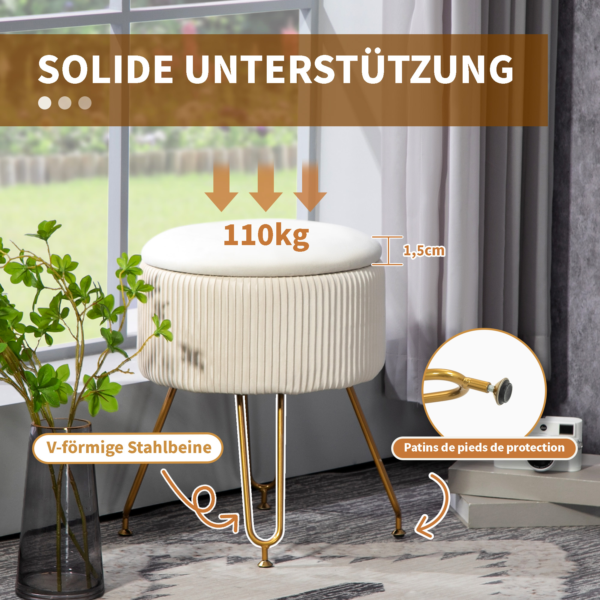 2-in-1-Aufbewahrungshocker mit Metallbeinen, runder Fußhocker für Wohnzimmer, Schlafzimmer, Flur, Cremeweiß