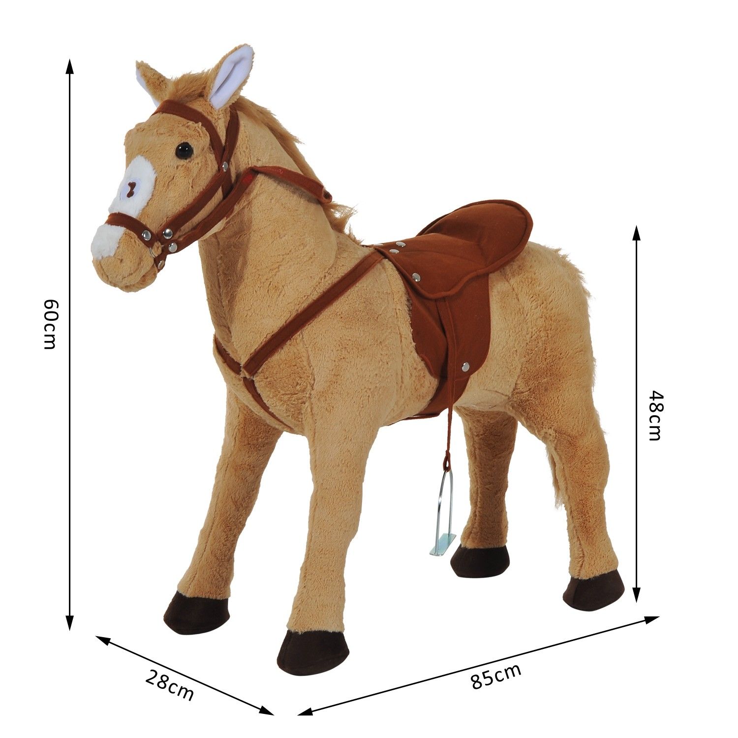 Reitpferd 60 cm Stehpferd mit Sattel, Zaumzeug Steigbügel Sound Spielpferd zum Reiten Draufsitzen Schaukeltier für Kinder ab 2 Jahre, Schaukelpferd Plüschpferd Indoor Outdoor Beige
