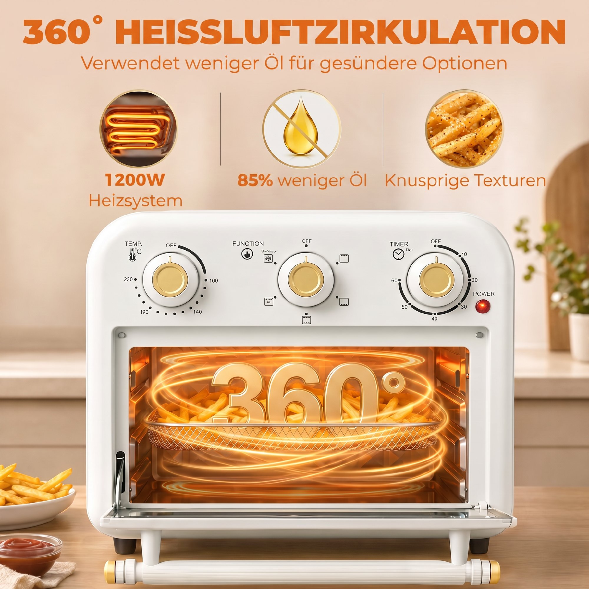 Heißluftfritteuse 12 Liter Mini Backofen mit Umluft, 5 Programmen, Backblech und Frittierkorb, 1200 W, Spülmaschinenfest