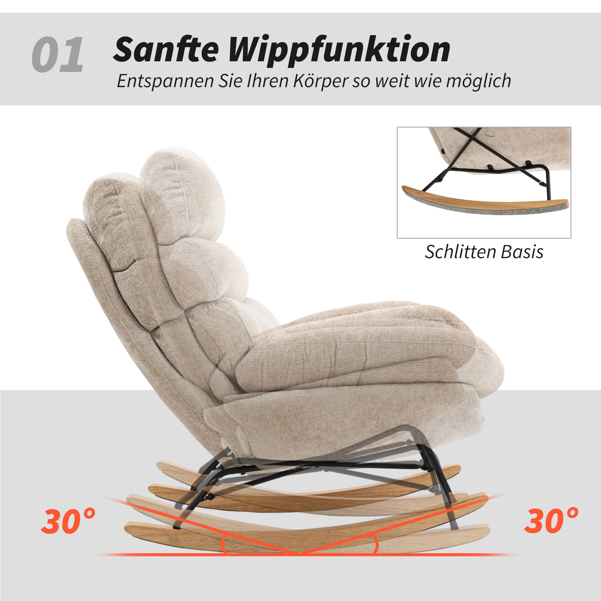 Gepolsterter Schaukelstuhl mit Stahlbeinen und Holzkufen, Cremeweiß