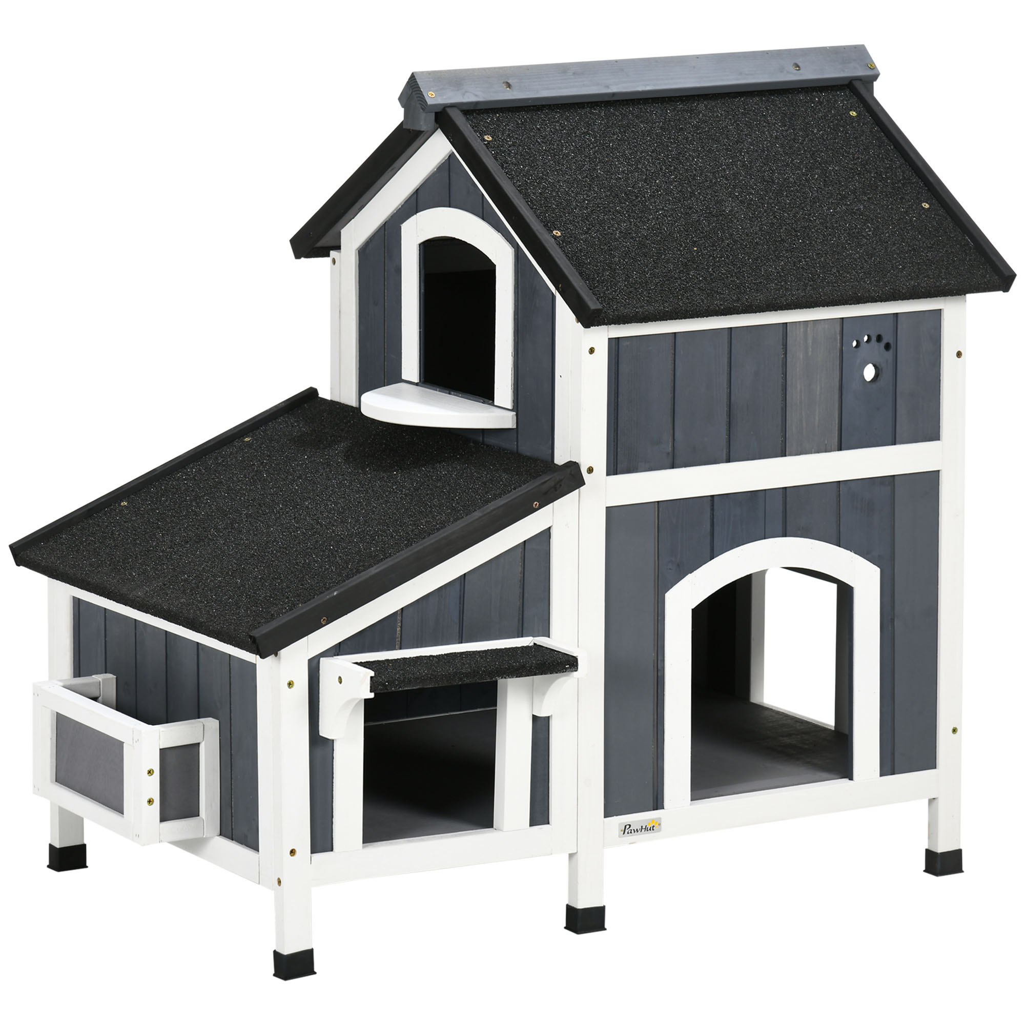Outdoor-Katzenhaus, zweistöckig, Bodenabstand, Naturholz, Asphaltdach, grau, 96 x 65 x 85,5 cm