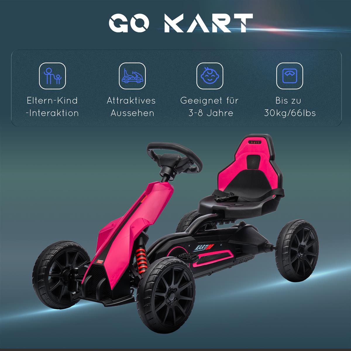 Go-Kart, Kinderfahrzeug mit verstellbarem Sitz, Tretfahrzeug, Tretauto mit Handbremse, 3-8 Jahre, Outdoor, Rosa