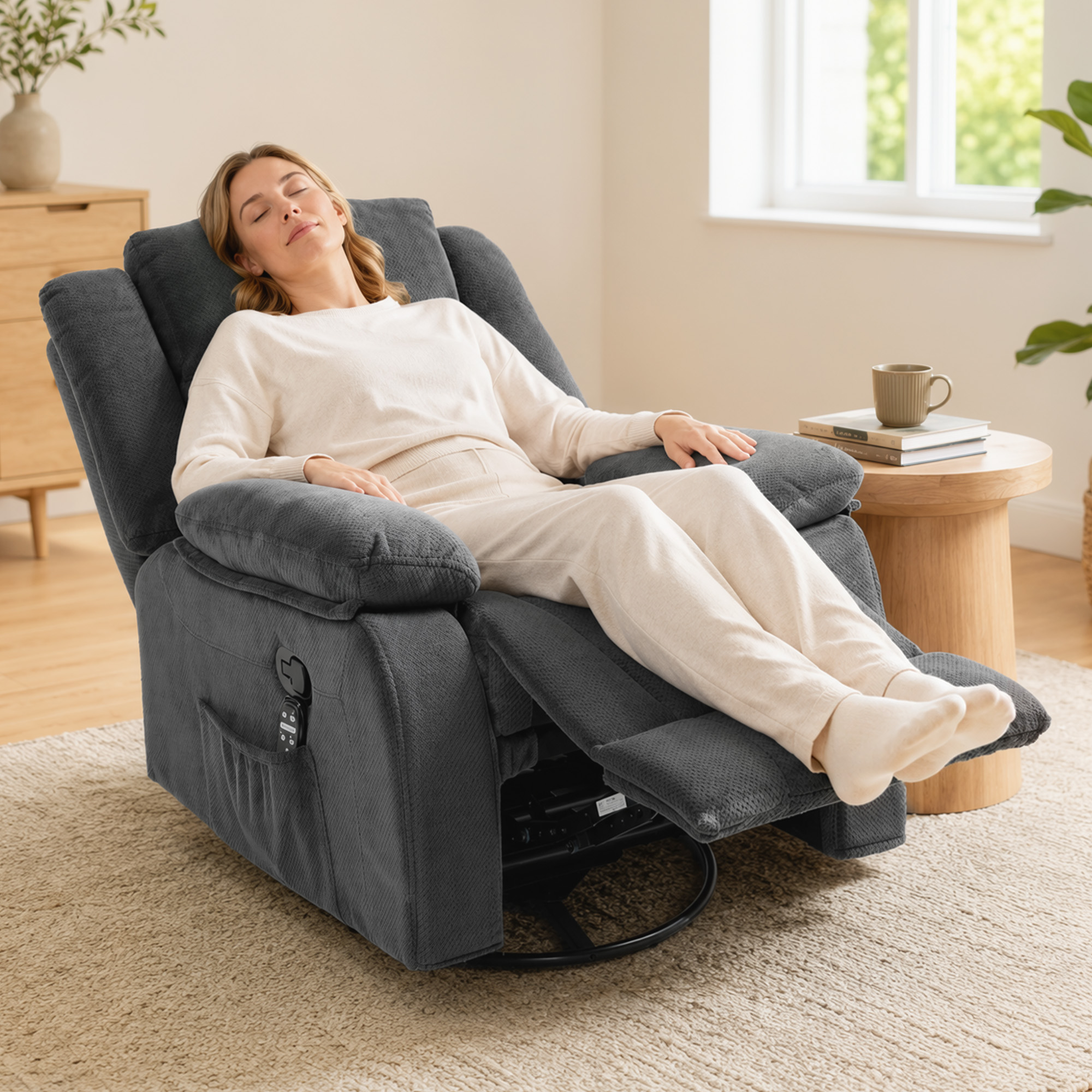 Relaxsessel mit Vibrationsmassage und Wärme, manuell verstellbarer Drehsessel mit Schaukelfunktion und Taschenfederkern, Grau
