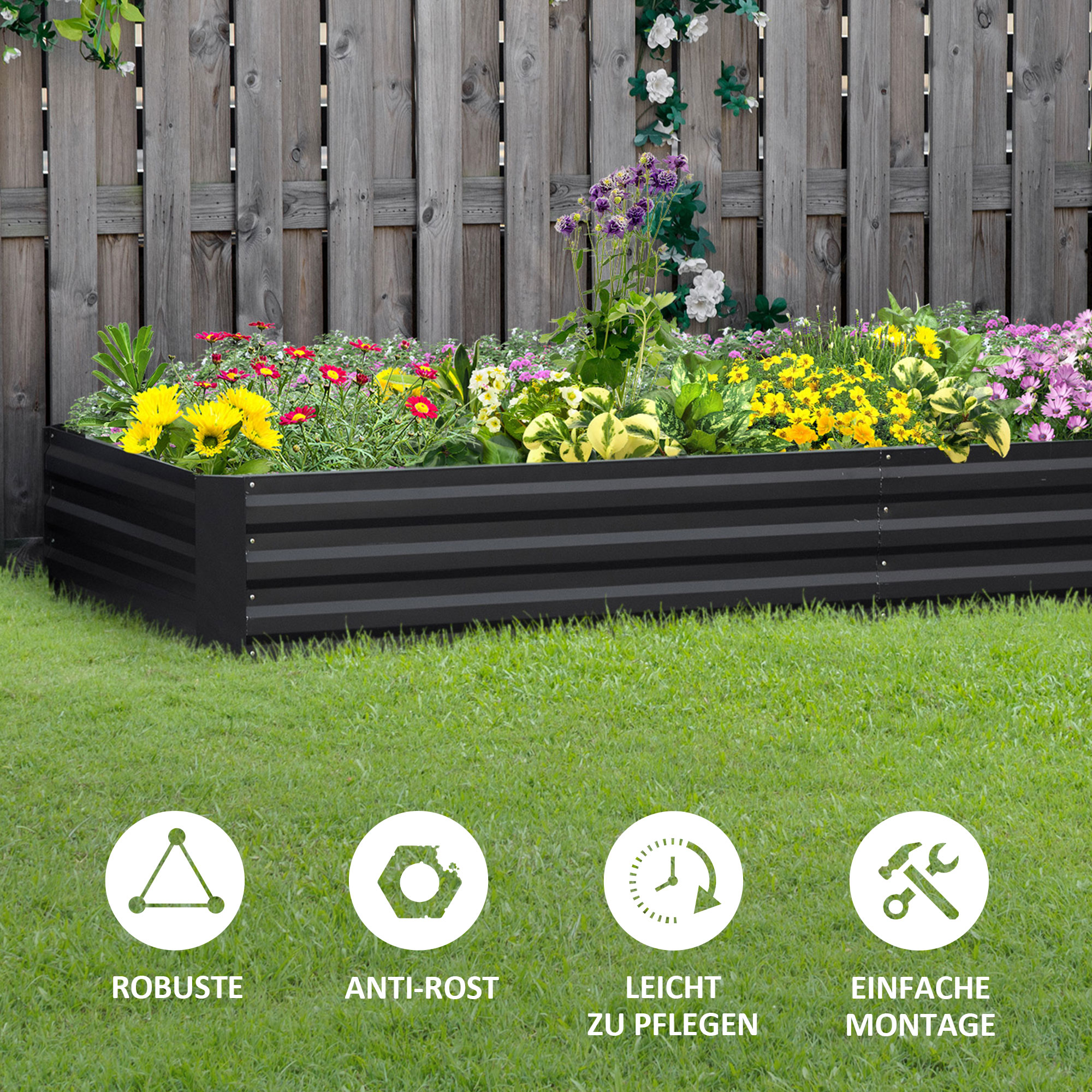 Stahl-Hochbeet, offener Boden, einfacher Aufbau, 95L x 90,5B x 29,8H cm, Grau