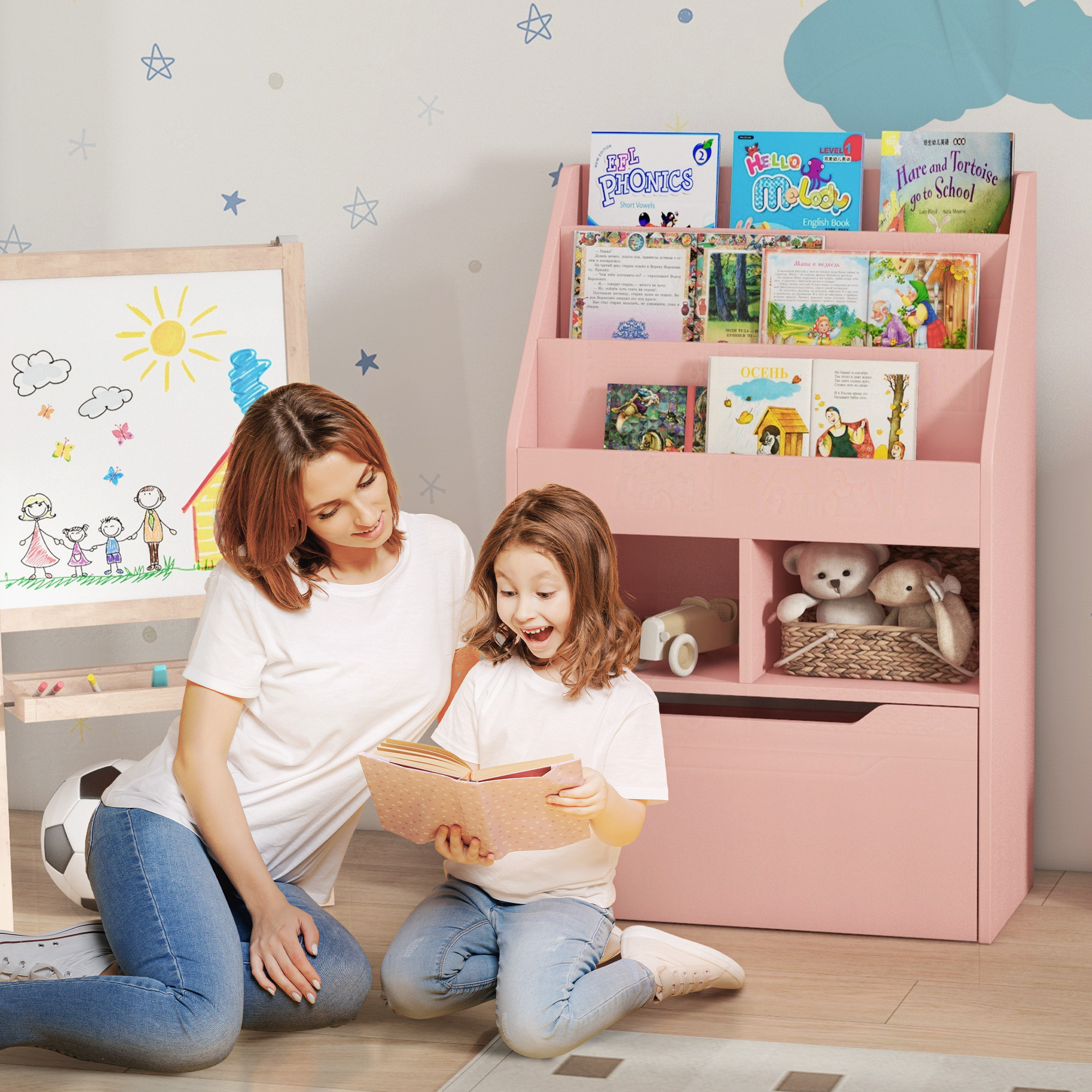 Kinderregal mit Schublade, Bücherregal mit Fächern, 60 x 29,9 x 90 cm, Rosa