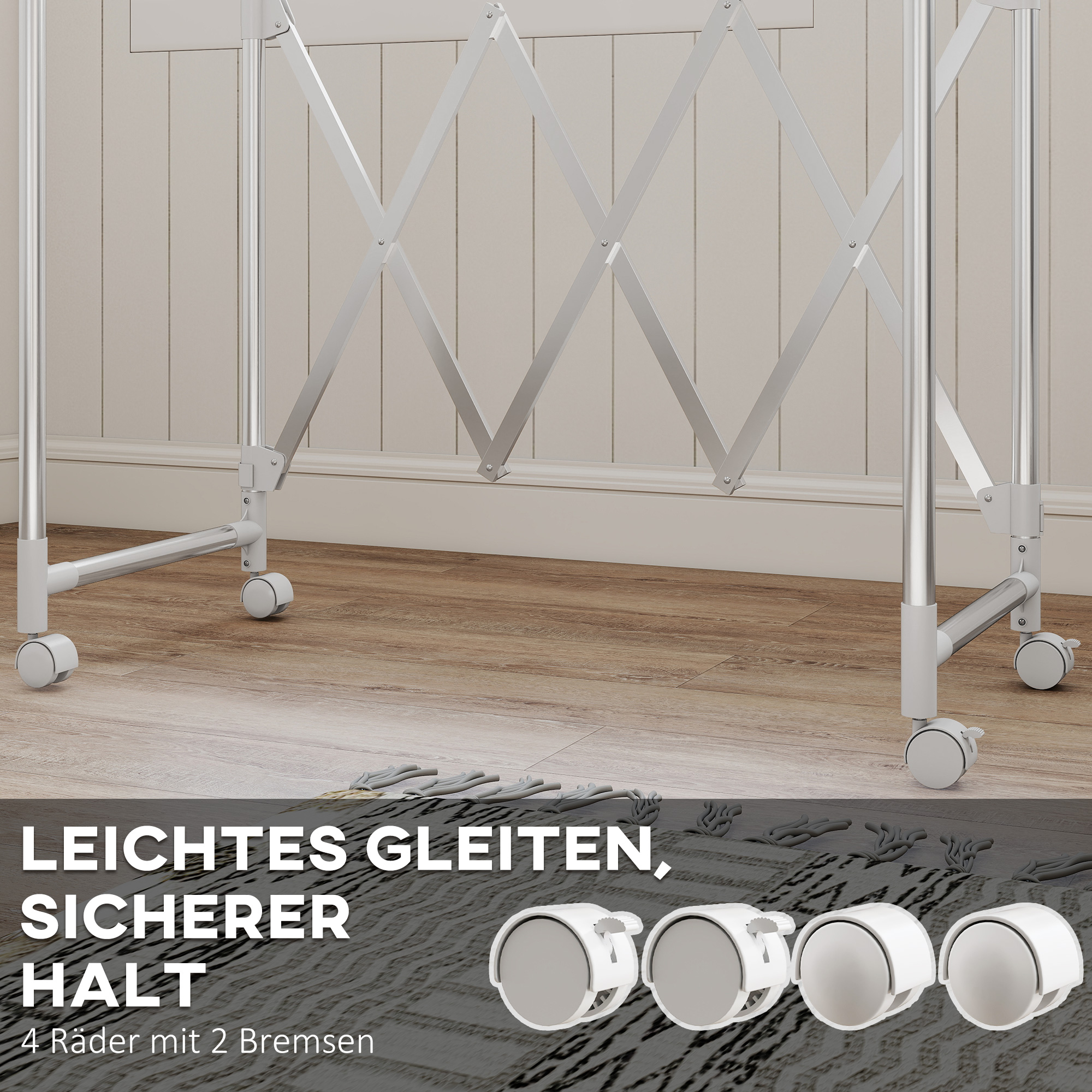 Wäscheständer, Faltbarer Standtrockner mit 3 verstellbaren Stangen, Edelstahl Turmwäscheständer auf Rollen, Wäscheturm Wäschetrockner für Innen und Außen