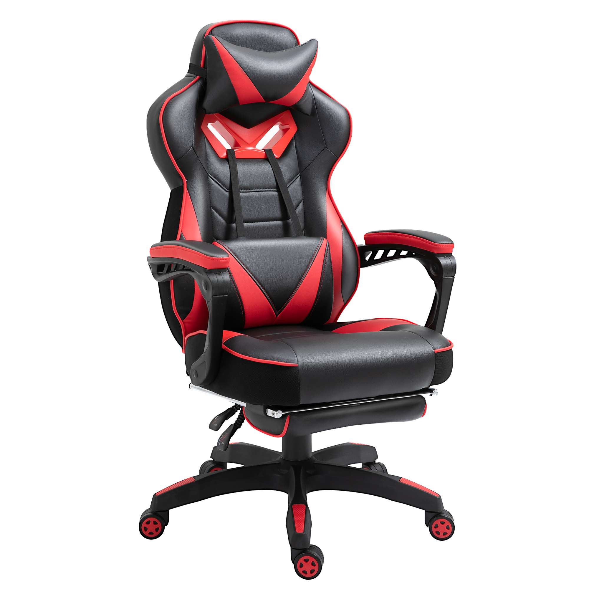 Ergonomischer Bürostuhl, Gaming Stuhl, Drehstuhl mit einziehbare Fußstütze und verstellbarer Rücken Schaumstoff+PU-Leder+Metall, Schwarz+Rot, 65 x 70 x 118,5-128,5 cm