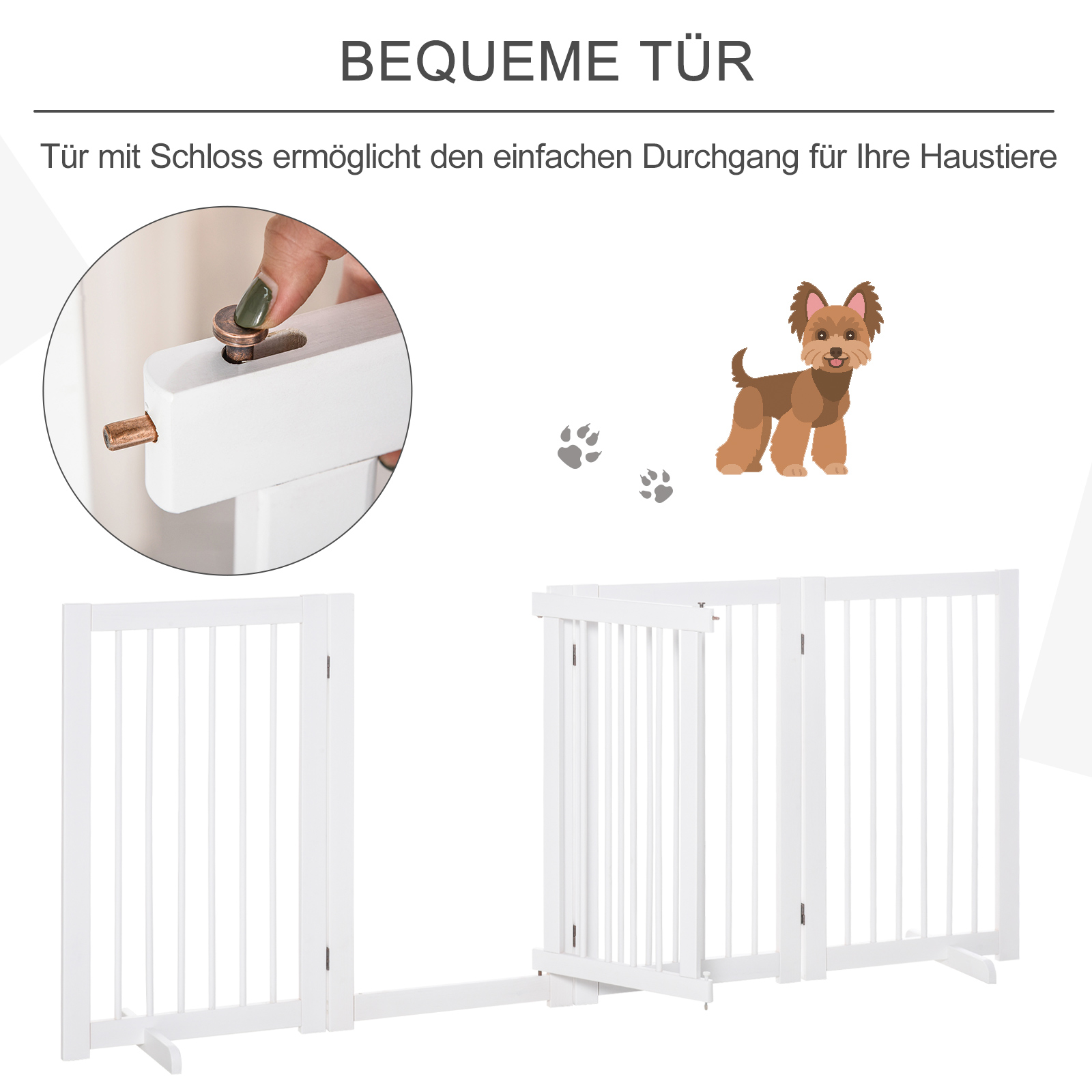 Absperrgitter Hund 4-teilig, 204 x 75 cm Faltbar Türschutzgitter mit Tür, Freistehend Hundegitter mit 2 Stützfüßen, Treppengitter aus Holz für Flur, Küche, Treppe, Weiß