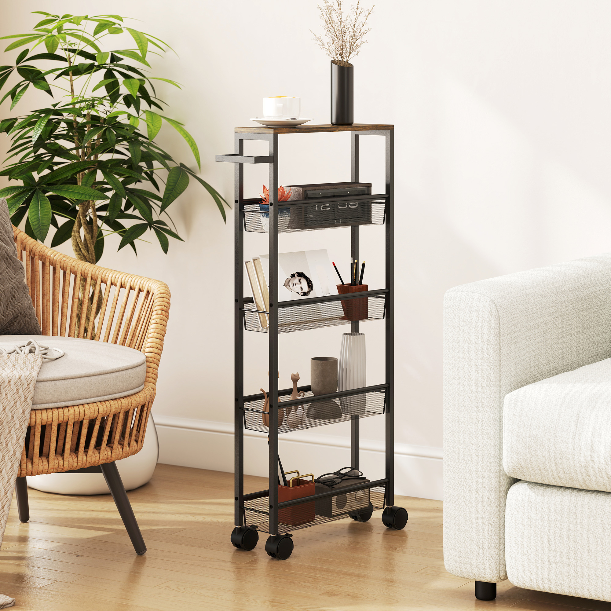 Küchenwagen Servierwagen mit 5 Ebenen, Rollwagen Küchenregal mit Arbeitsplatte, Rollen Griff 47 x 13 x 96,5 cm, Schwarz