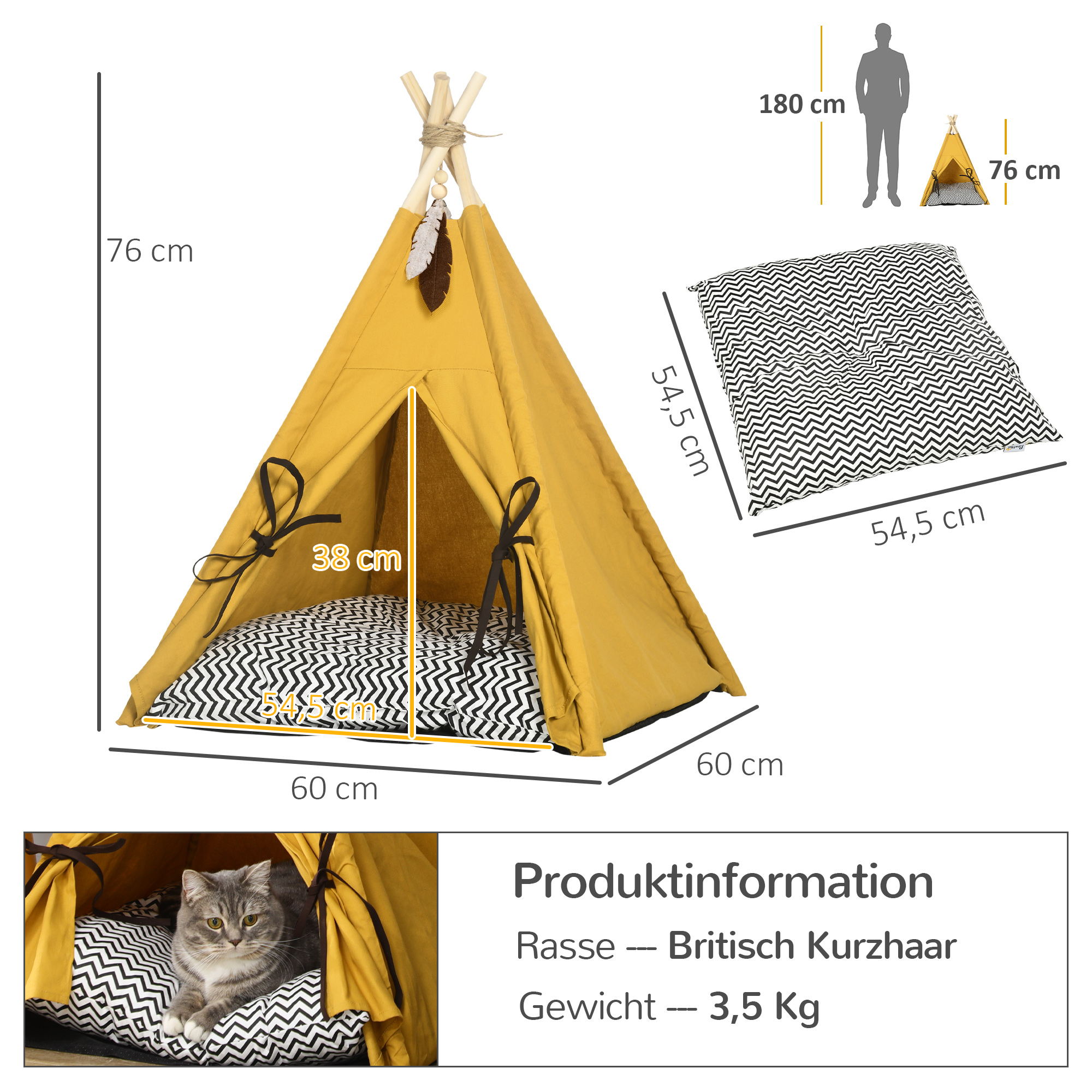 Tierbett, drolliges Tipi-Design, mit weichem Liegekissen, Bodenmatte, für Hunde und Katzen, 60 x 60 x 76 cm