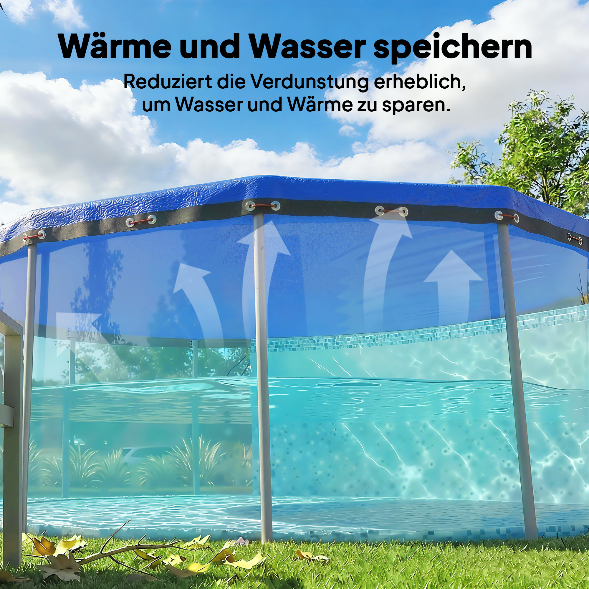 Poolabdeckung rund Ø 450 cm staub- und wasserdichte Abdeckplane mit Sicherungsseil Spanner für Sommer & Winter, Blau