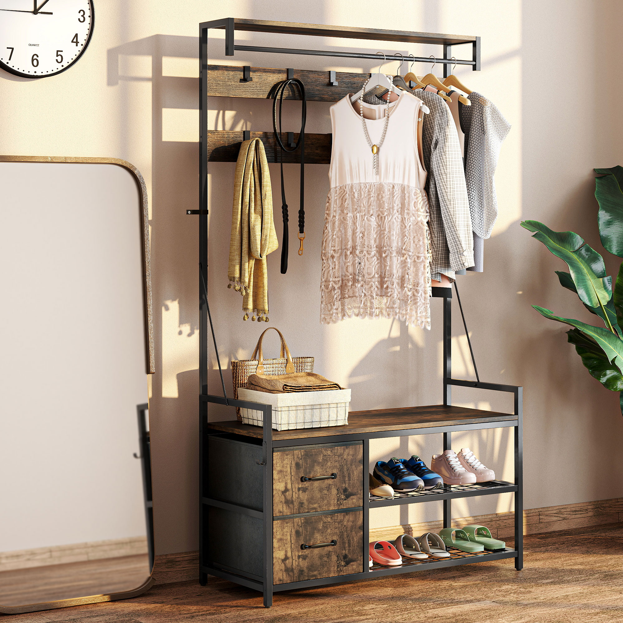 6-in-1 Garderobenständer mit Sitzbank und Schuhregal, Industrie-Stil, 10 Haken, 2 Stoffschubladen, Metall, Braun