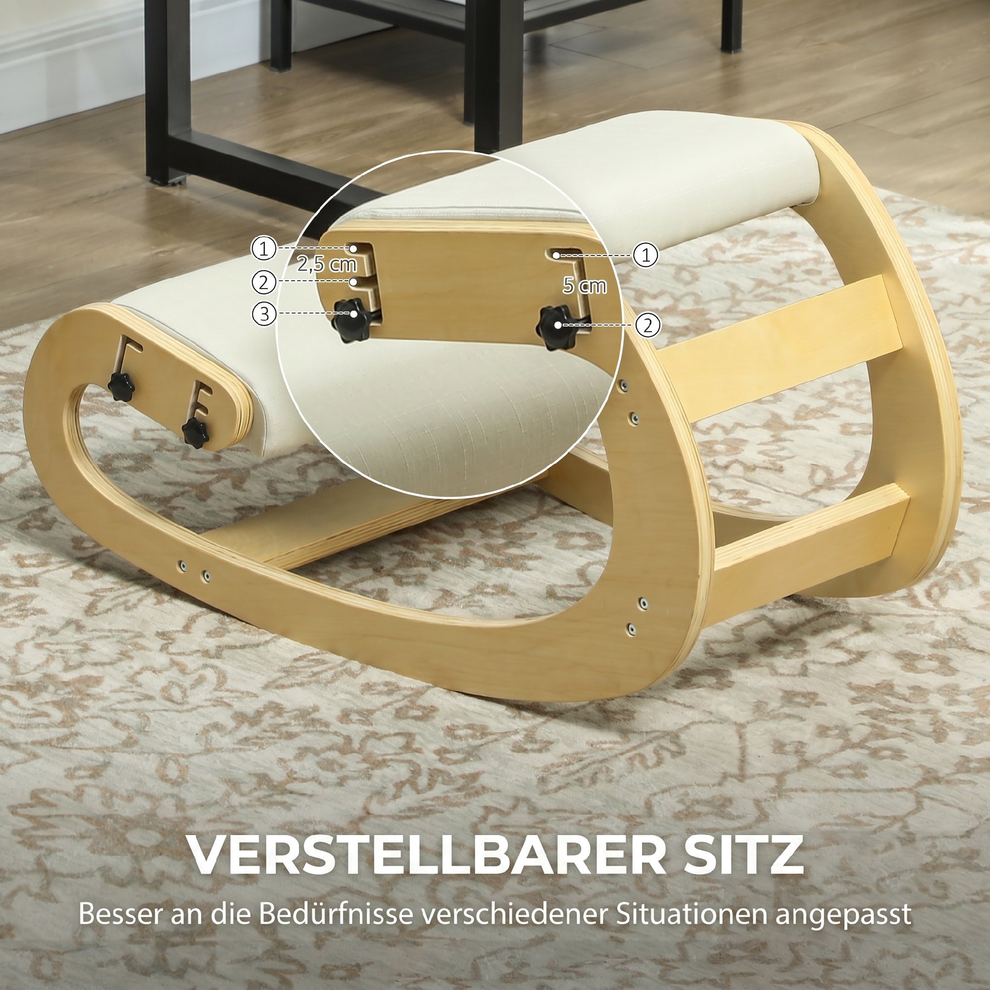 Ergonomischer Kniestuhl, Kniehocker mit 6 verstellbaren Einstellungen, Basis aus Holz Cremeweiß