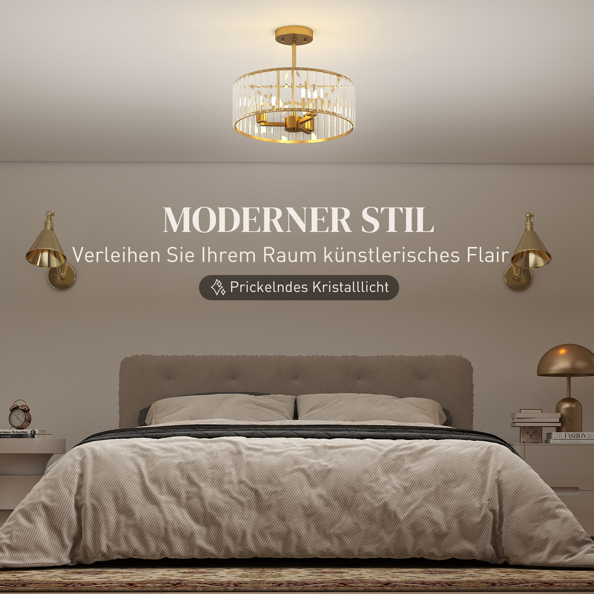 Deckenlampe, Kronleuchter-Design, Kristallschirm, 3 Glühbirnen, Metall, Goldfarben
