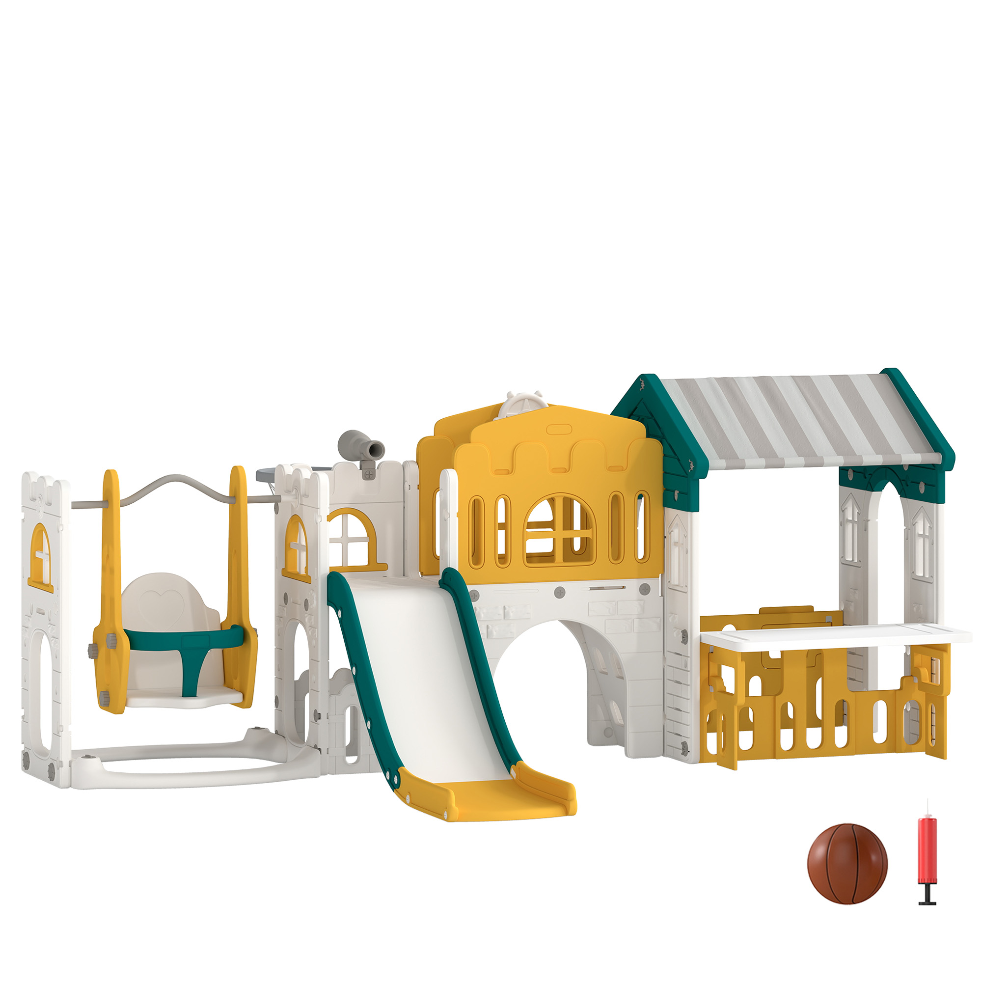 11 in 1 Kinderrutsche mit Schaukel Spielhaus Gartenrutsche mit Tunnel Basketballkorb Fernrohr Lenkrad Maltafel