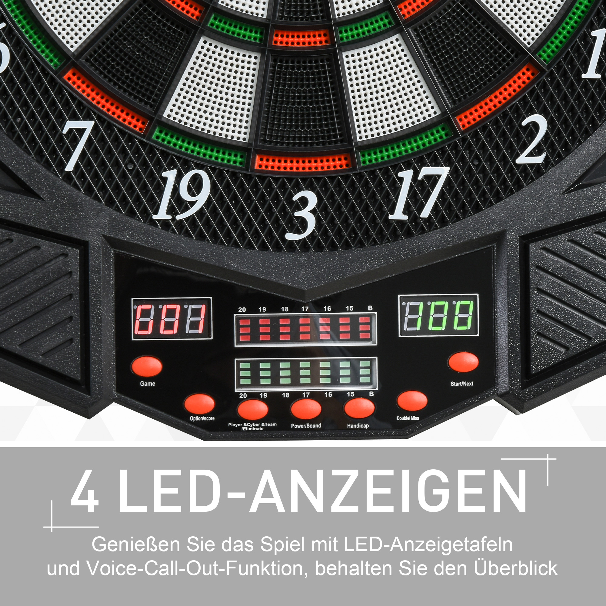 SPORTNOW Elektronische Dartscheibe Dartboard mit Sprachansagen Englische Stimme LED-Anzeigen 12 Darts 27 Spiele 216 Varianten Dartautomat mit Türen Dartscheibe Set für bis zu 8 Spieler