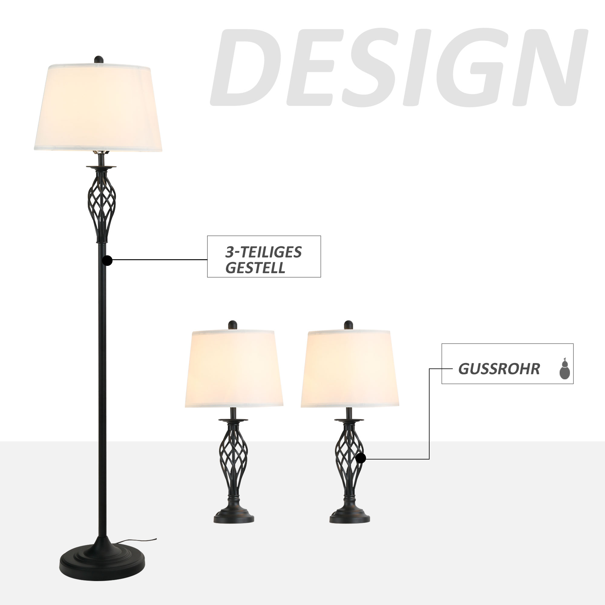 3er-Lampenset 2 Tischlampe(ø38 x 158H cm) + 1 Stehlampe(ø30 x 62H cm) Vintage Standlampe mit Fußschalter Leselampe für Wohnzimmer, Schlafzimmer Metall, Schwarz+Weiß