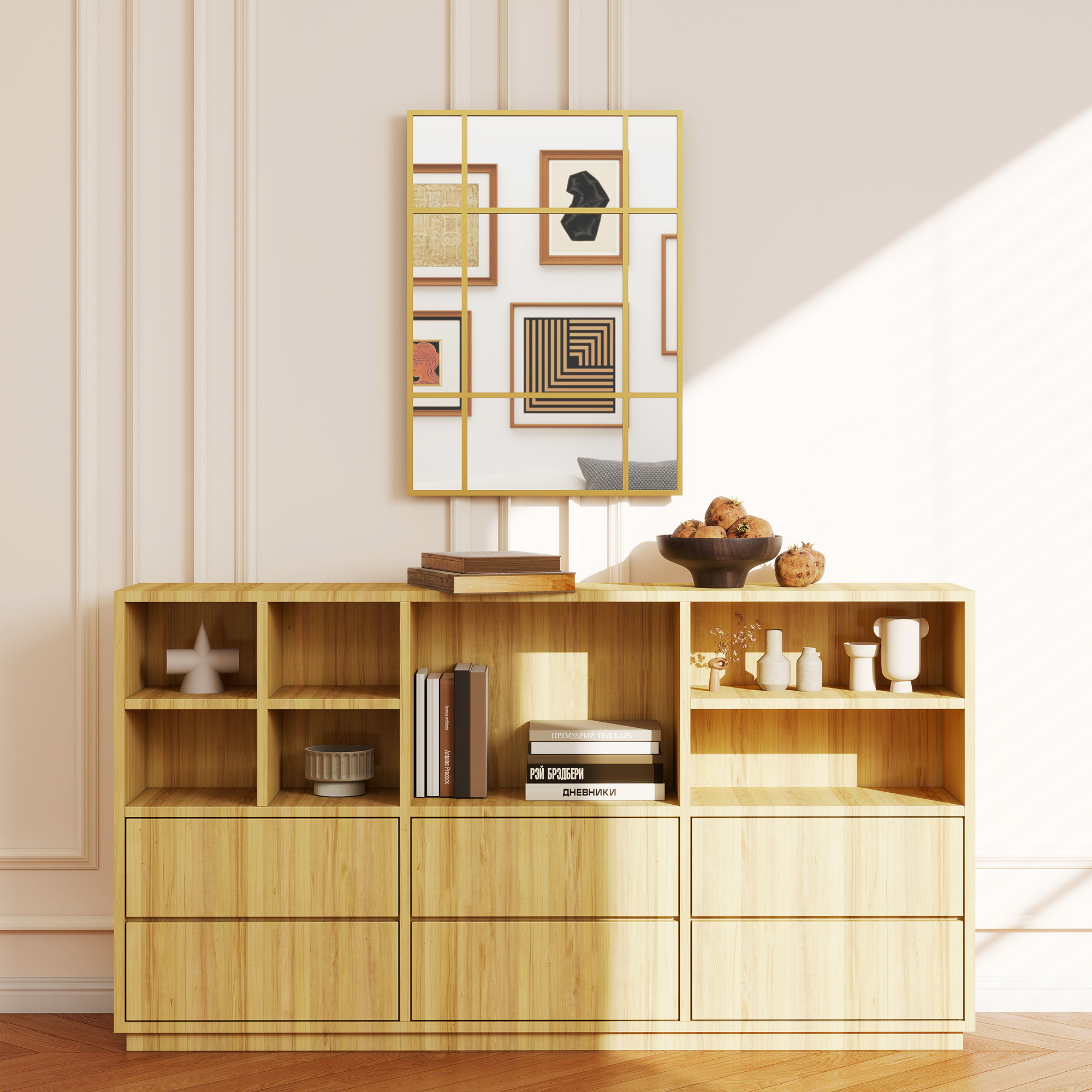 Wandspiegel, dekorativer Spiegel mit Metallrahmen, goldene Streifen, Mehrschichtglas, 50B x 2T x 70H cm