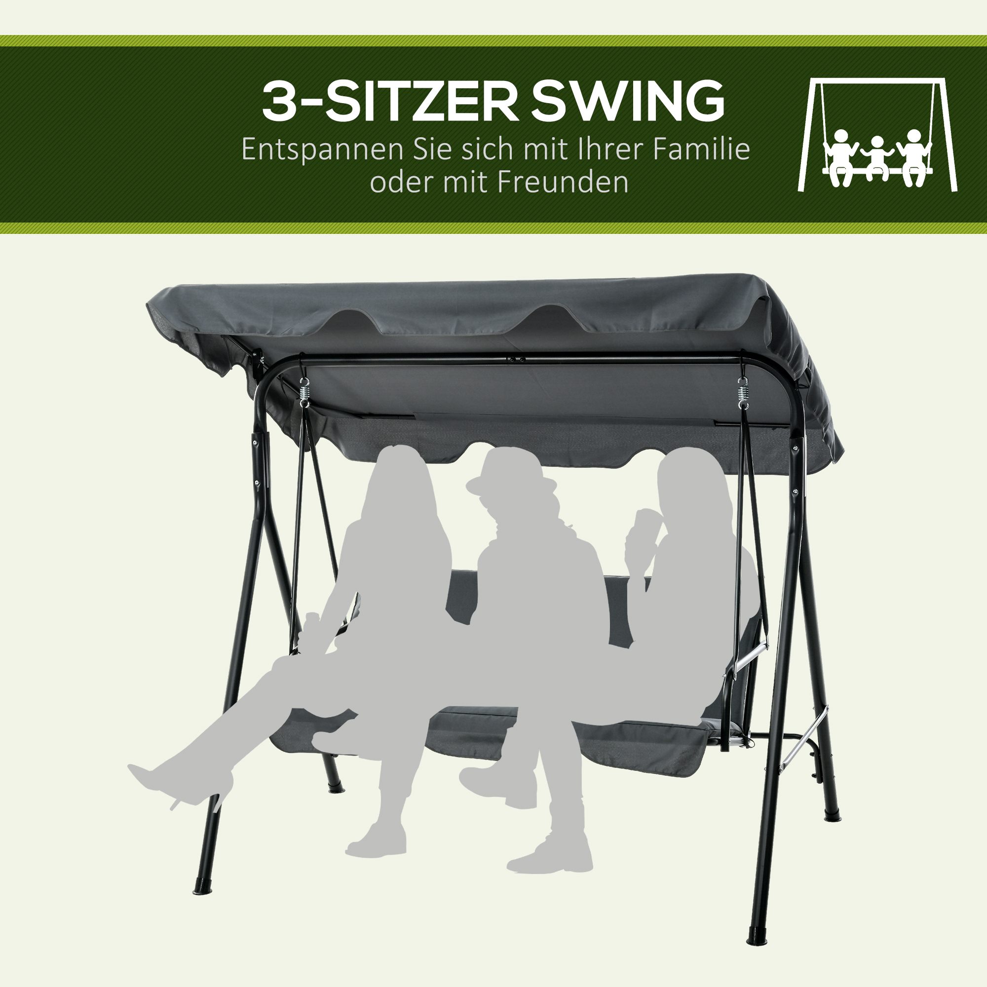 Hollywoodschaukel, Gartenschaukel, 3-Sitzer Schaukelbank mit Dach, Stahl, 172 x 110 x 153 cm, Grau