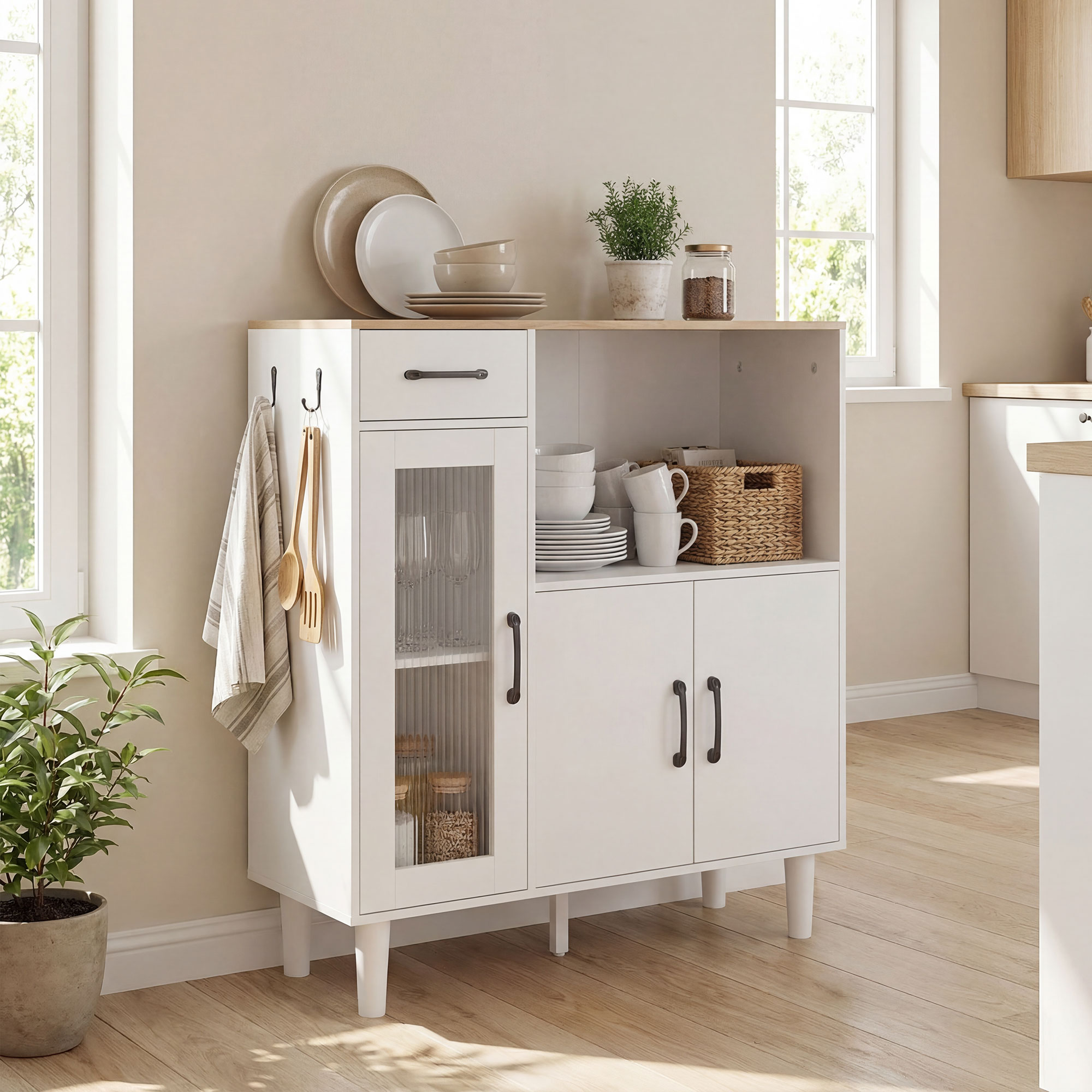 Sideboard Küchenschrank mit Schublade, 2 Schränken, Offenem Fach, geriffelter Acrylglastür 80 x 34 x 91 cm Weiß+Eiche