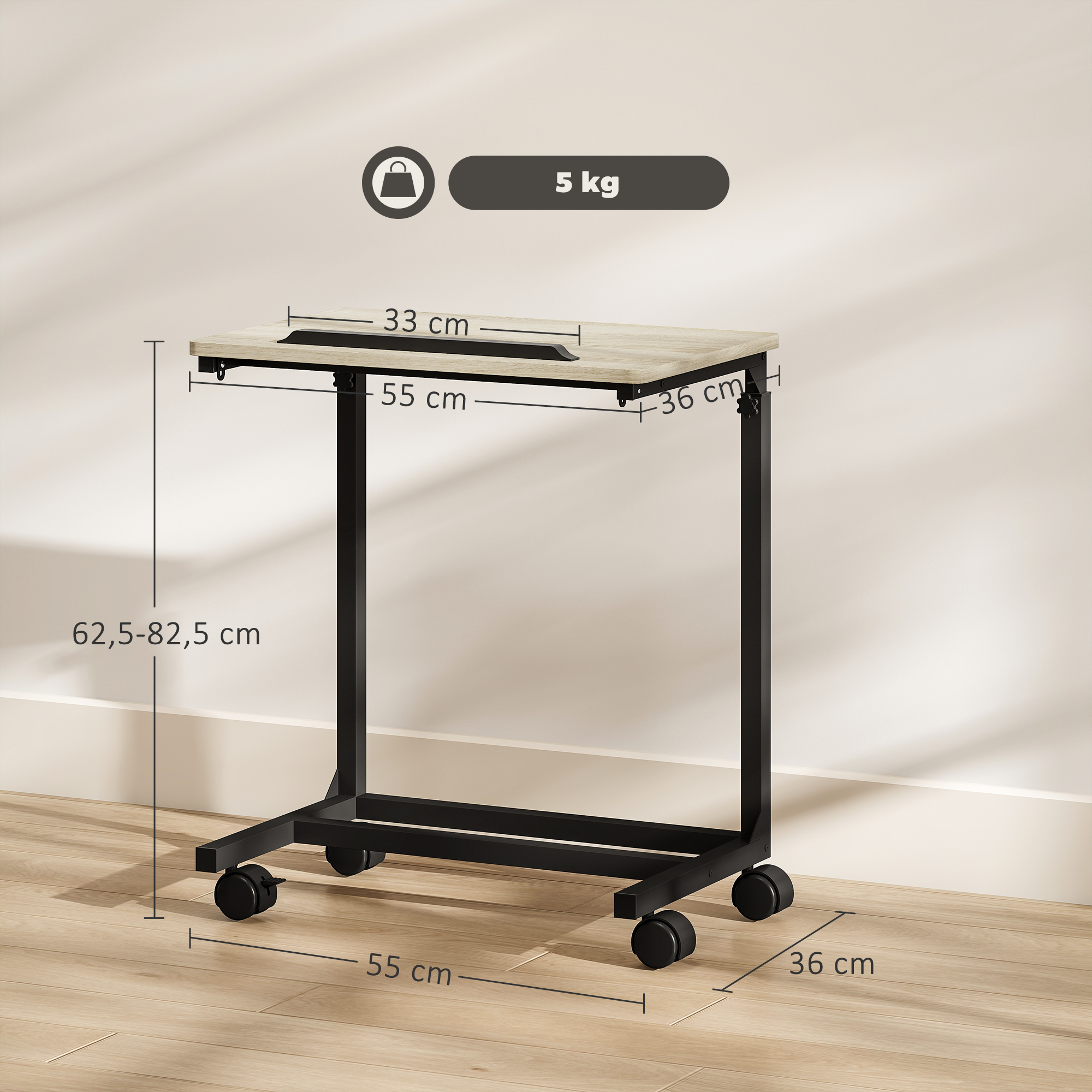 Beistelltisch, Schreibtisch, Nachttisch, höhenverstellbar, 4 Rollen, Metallrahmen
