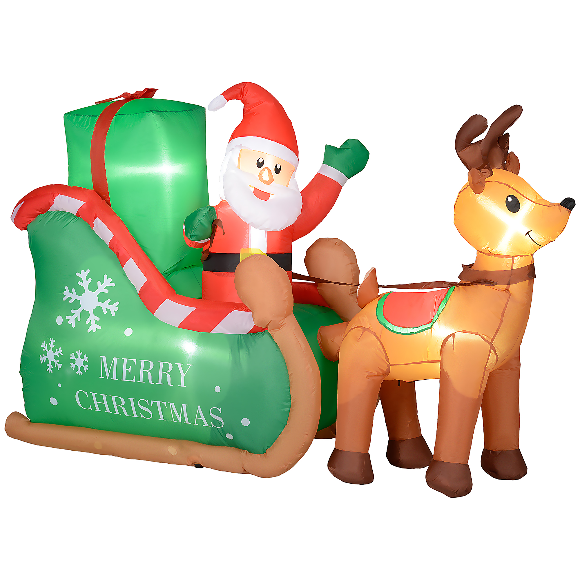 Weihnachtsmann mit Schlitten & Rentier, aufblasbar, weiße LED-Beleuchtung, 210 x 80 x 140 cm Weihnachtsmann mit Schlitten & Rentier, aufblasbar, weiße LED-Beleuchtung, 210 x 80 x 140 cm