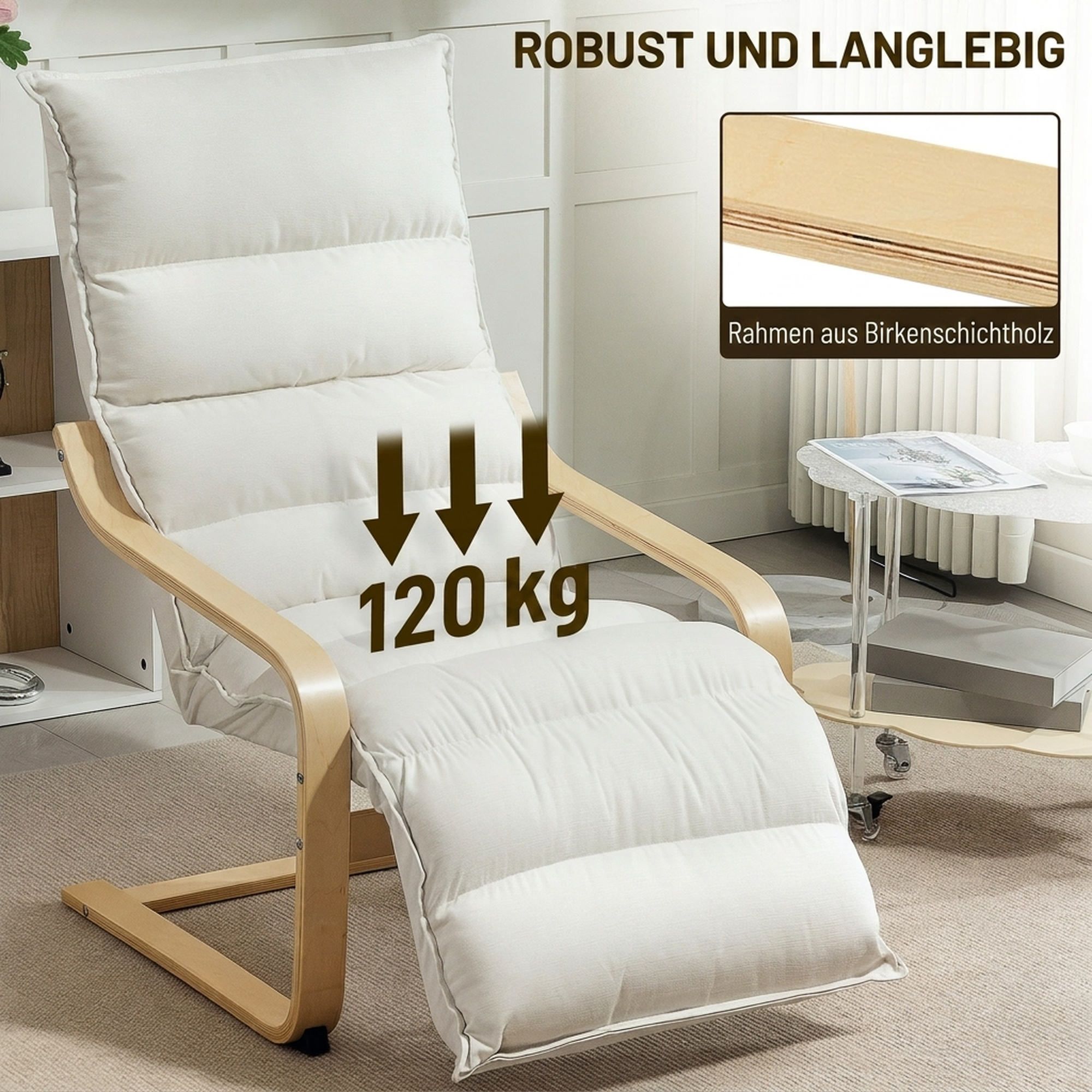 Lounge-Sessel aus Birkenholz, Polstersessel mit verstellbarer Fußstütze, Moderner Armlehnstuhl, Cremeweiß