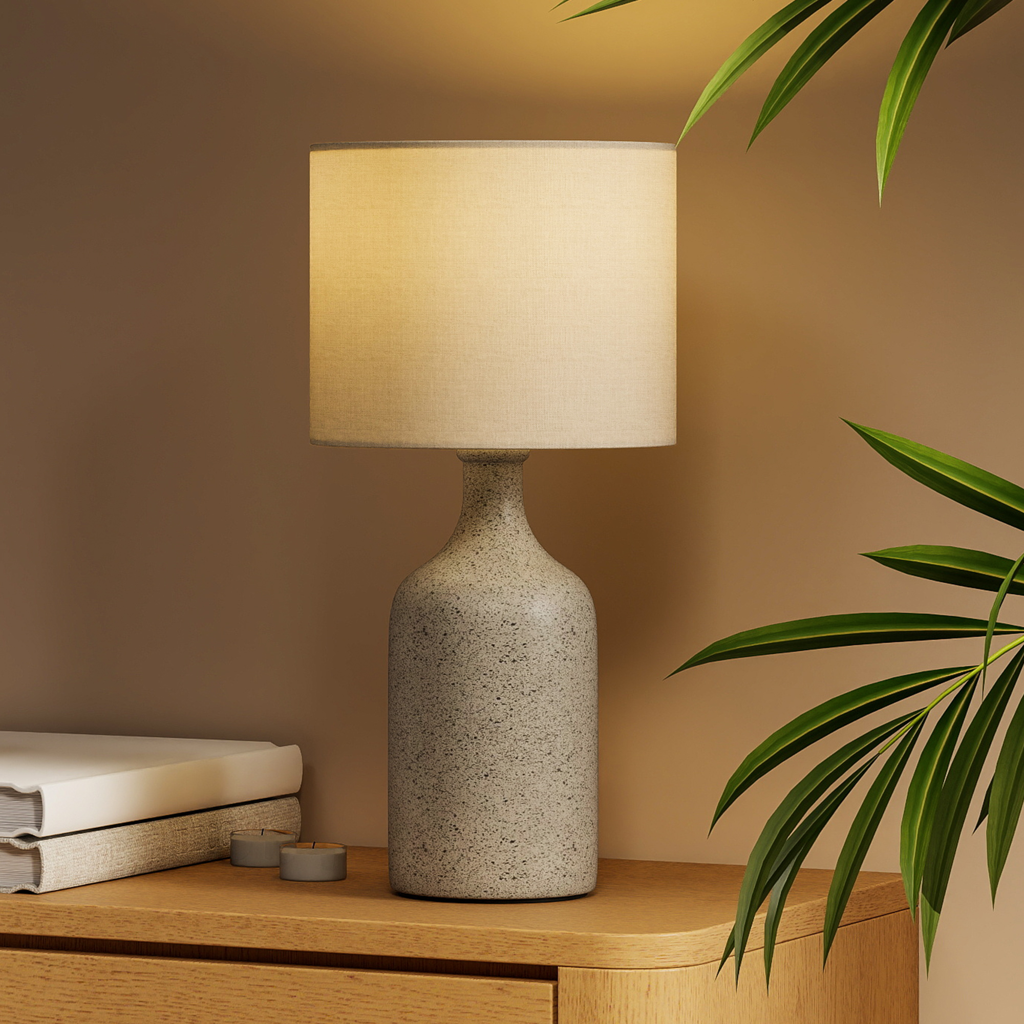 Tischlampe Tischleuchte, Nachttischlampe Schreibtischlampe mit Keramiksockel, Leinenschirm, 22x22x45 cm Sandbraun+Weiß