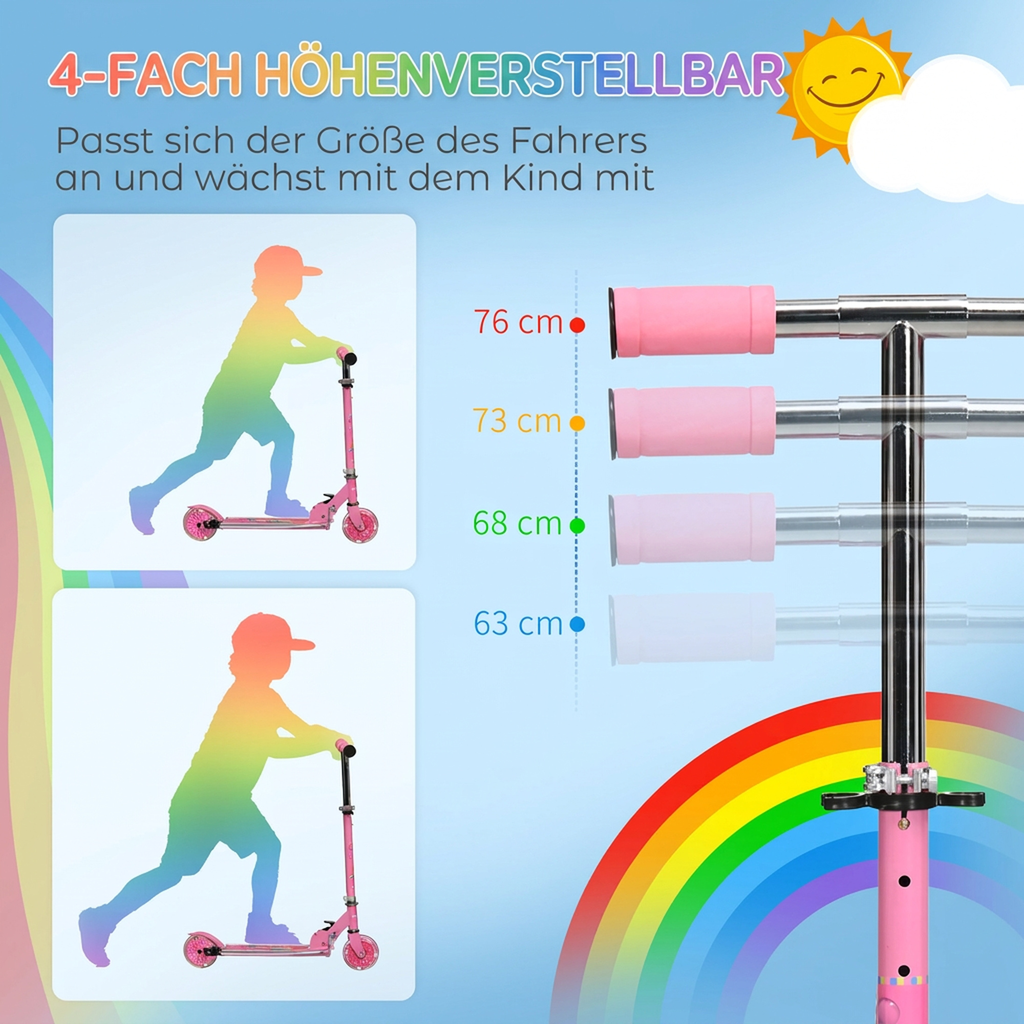 Roller Kinder Scooter mit LED Rädern 124 mm Rollen klappbarer Höhenverstellbar mit Musik Hinterradbremse Rosa