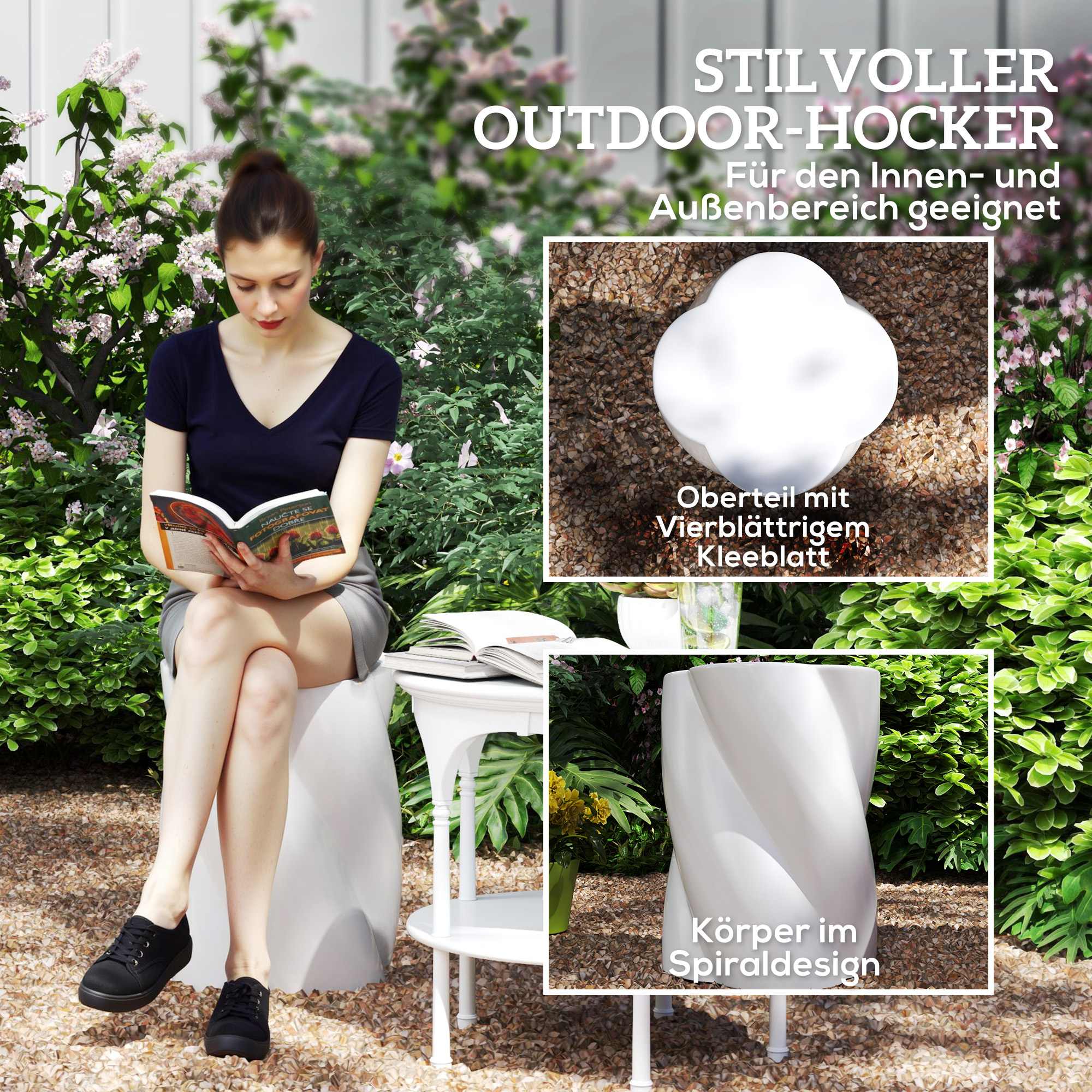 Sitzhocker aus Keramik in Spiralform 120kg belastbar Ø33 x 45 cm Wetterfest Garten Hocker mit Deckel Weiß