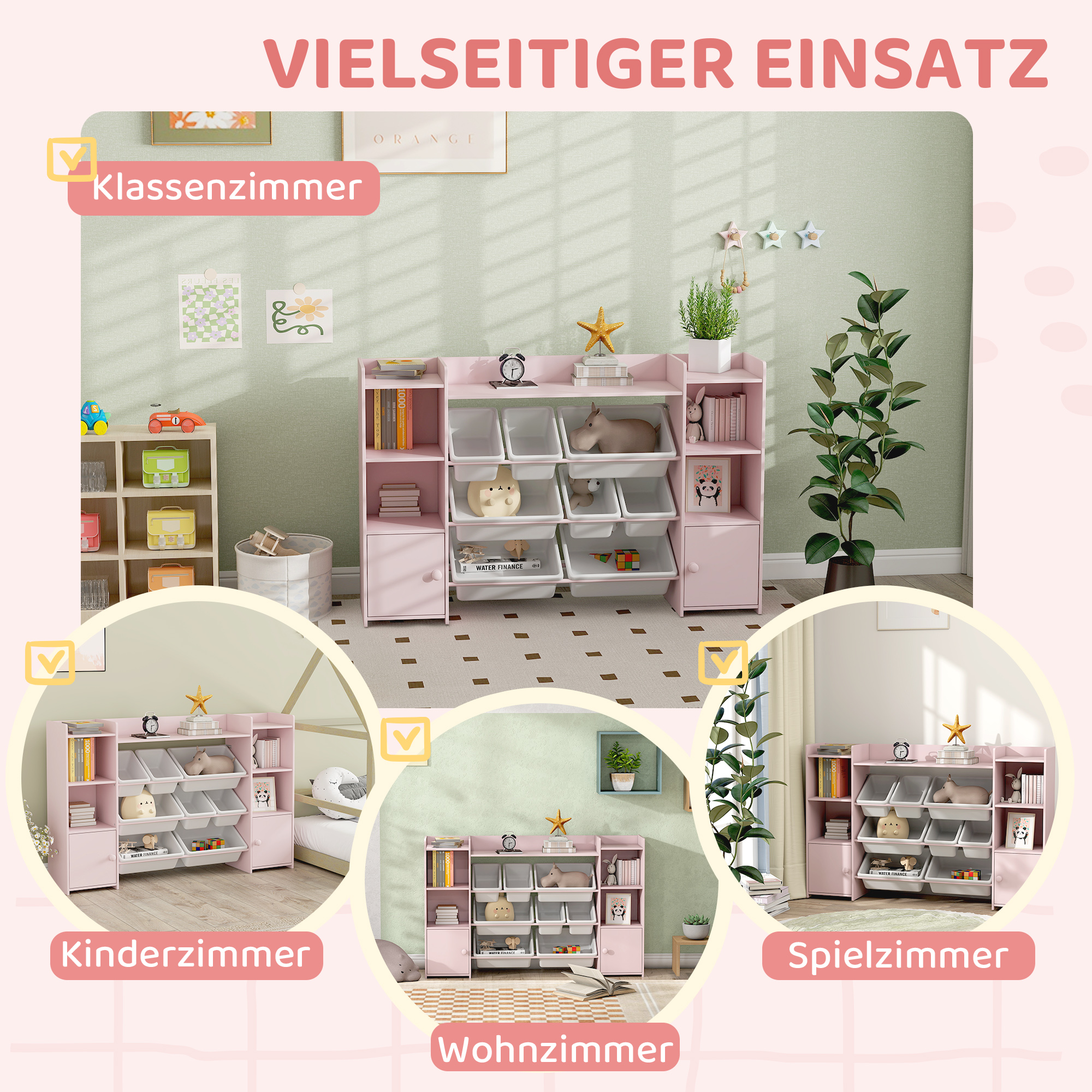 Kinder-Aufbewahrungsregal, Regal für Spielzeug und Bücher, zum übersichtlichen Aufräumen, 8 herausnehmbare Boxen, Rosa