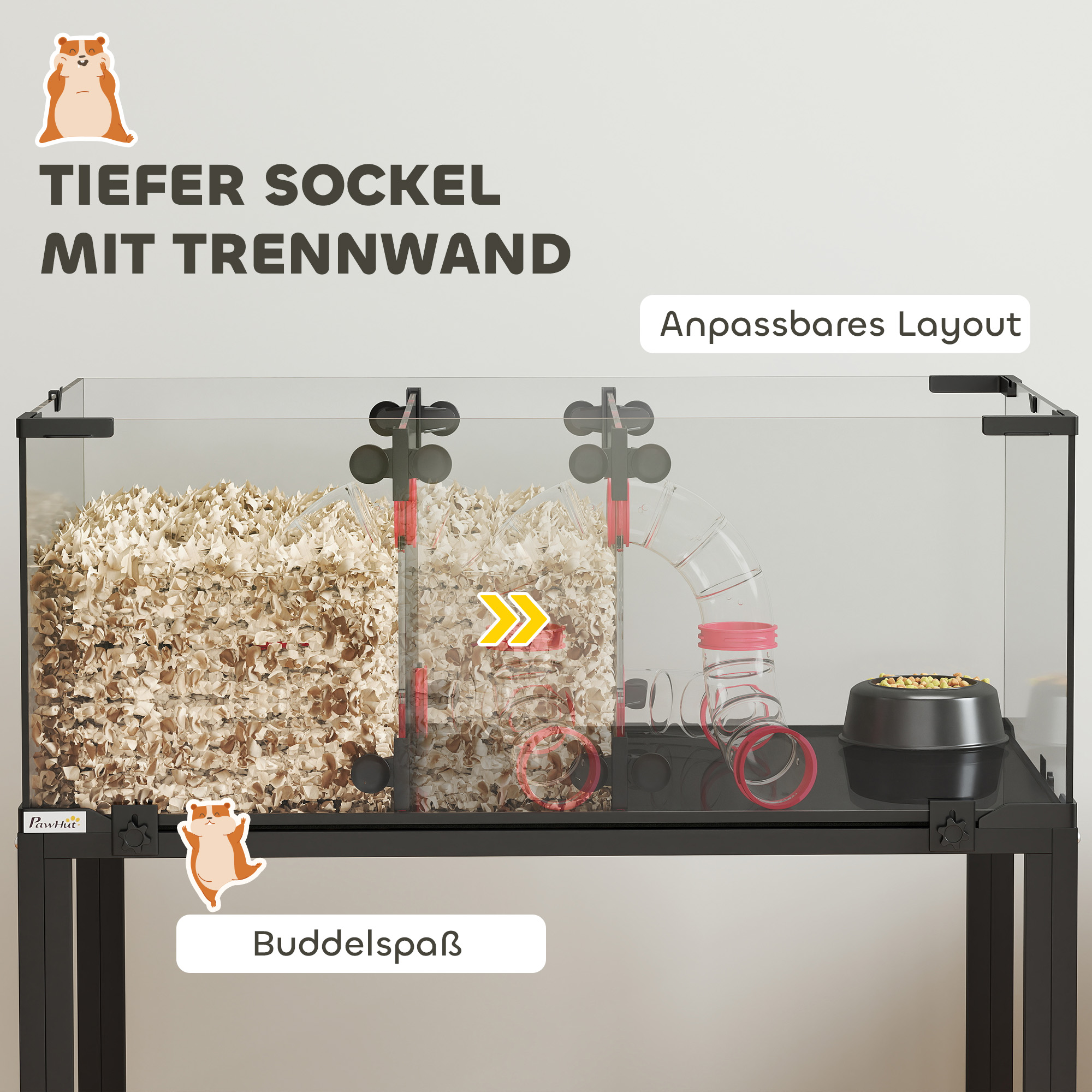 Hamsterkäfig, Kleintiergehege mit 3 Ebenen, Laufrad, Hütte, Plattformen, Rampen, Futterschale, Wasserflasche, Zubehör, Stahl, Kunststoff, Schwarz