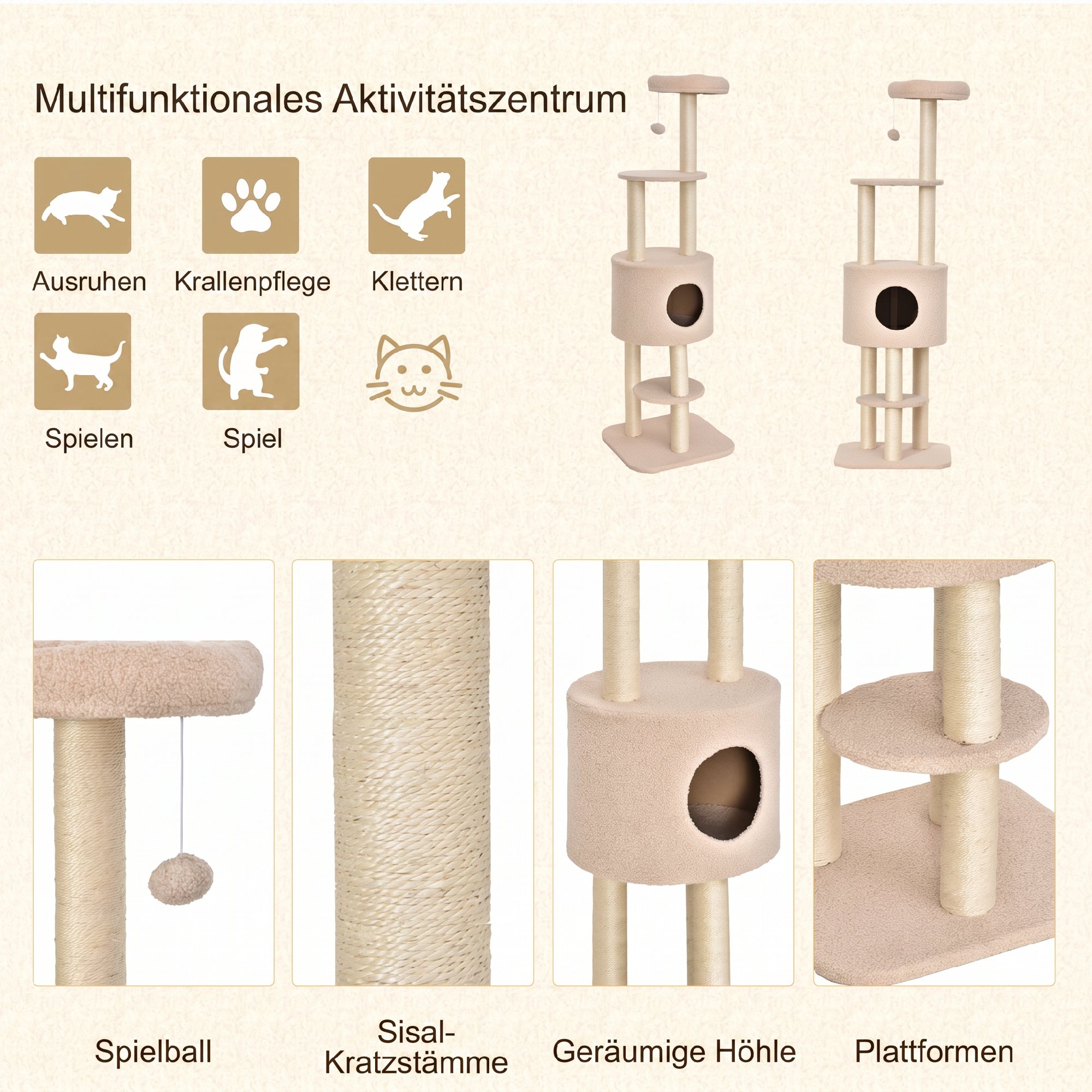 Kratzbaum 148 cm hoch Katzenbaum mit Höhle, 4 Spielzeuge, Sisalstämme, große Plattform, mehrstöckig für Katzen bis 5 kg