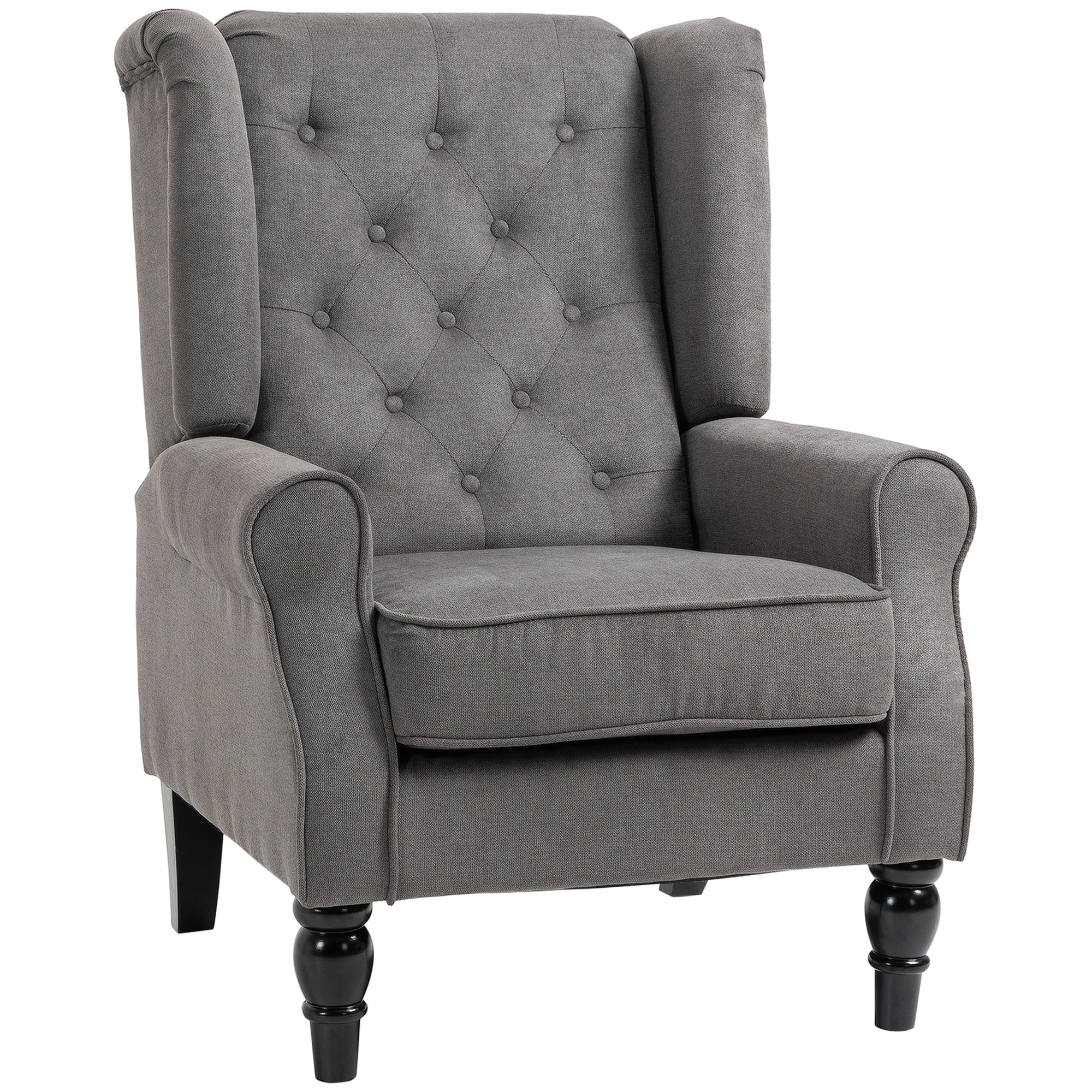 Ohrensessel im Vintage-Design, Lesesessel, Akzentsessel, Holzbeine, Knopfheftung, Grau + Schwarz