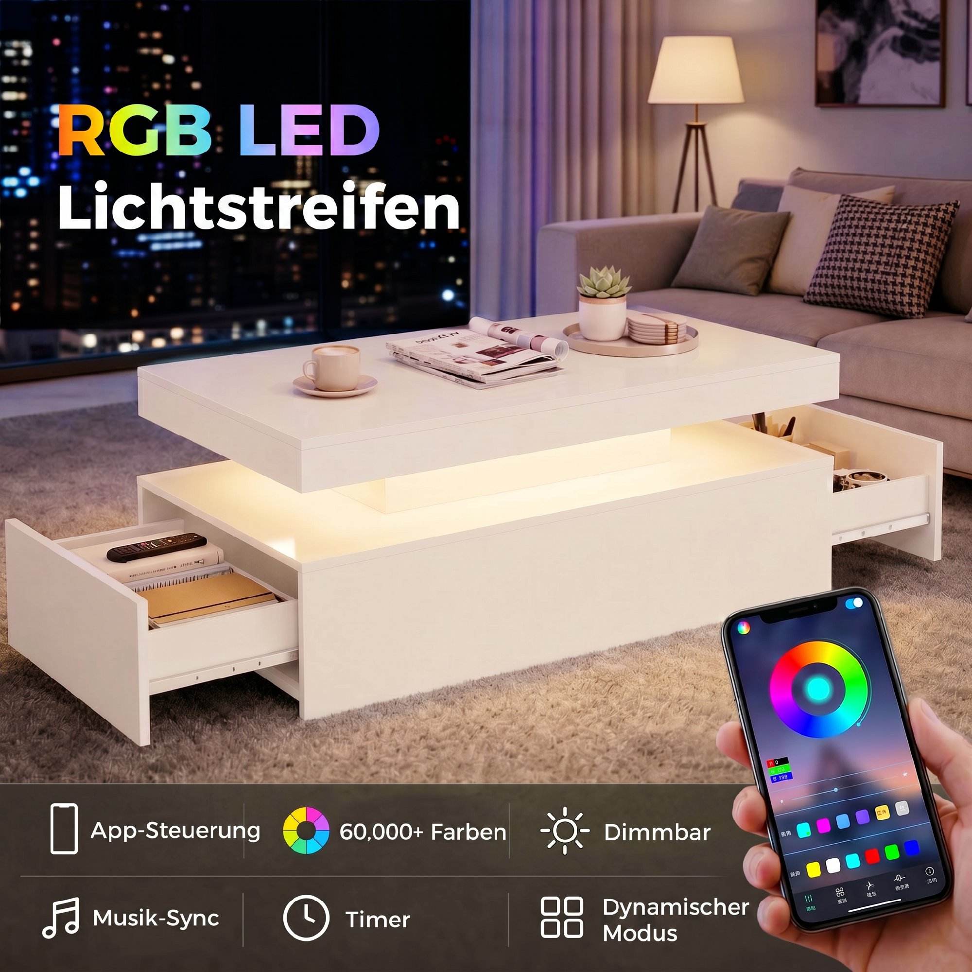LED Couchtisch mit Stauraum, Moderner 2-Ebenen Wohnzimmertisch mit 2 Schubladen, Hochglanz Weiß