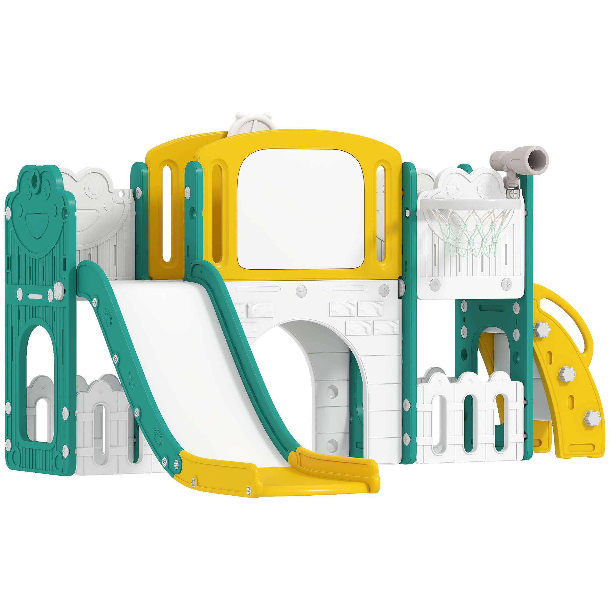 7-in-1 Rutschenset für Kleinkinder, Basketballkorb, Froschdesign, Klettergerüst, Schaukelsitz, für drinnen und draußen, Gelb+Grün 7-in-1 Rutschenset für Kleinkinder, Basketballkorb, Froschdesign, Klettergerüst, Schaukelsitz, für drinnen und draußen, Gelb+Grün