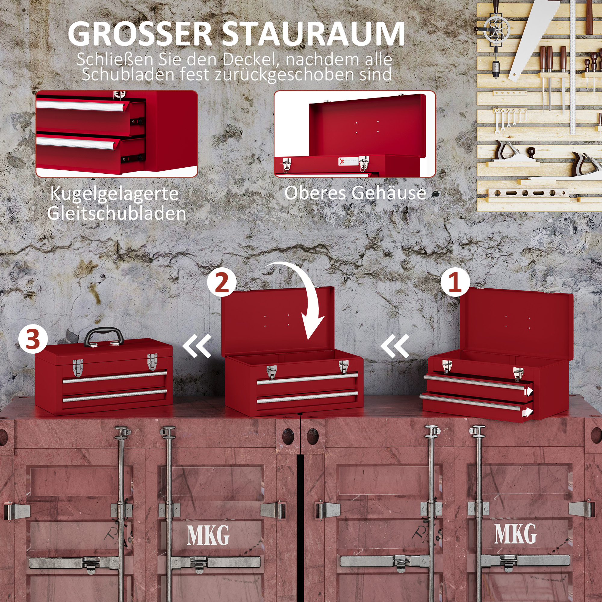 Werkzeugkiste mit 2 Schubladen, oberes Staufach, Stahlverschlüsse, Tragegriff, 46x24x22 cm, Rot