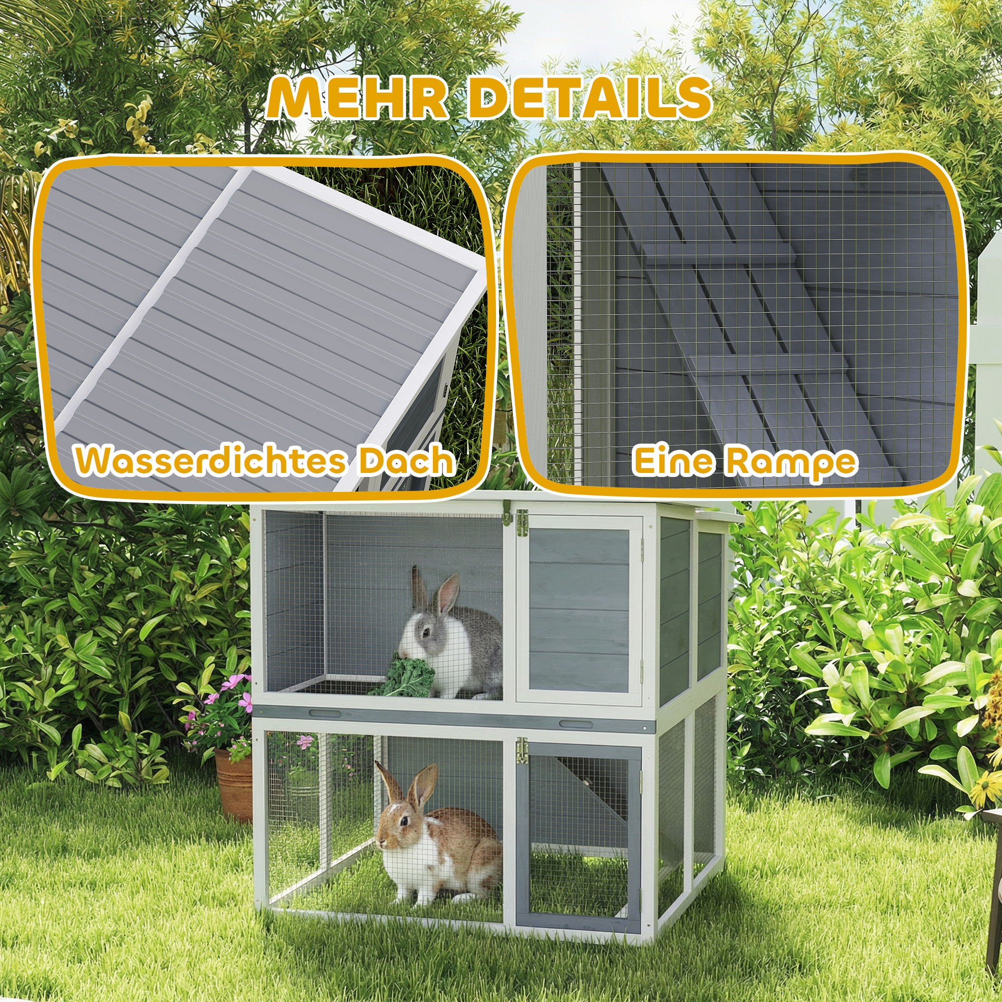Hasenstall 2 Etagen, Kaninchenstall aus Holz mit wetterfest aufklappbares Dach, Freilaufgehege, Rampe, 98x95x102,5 cm Grau