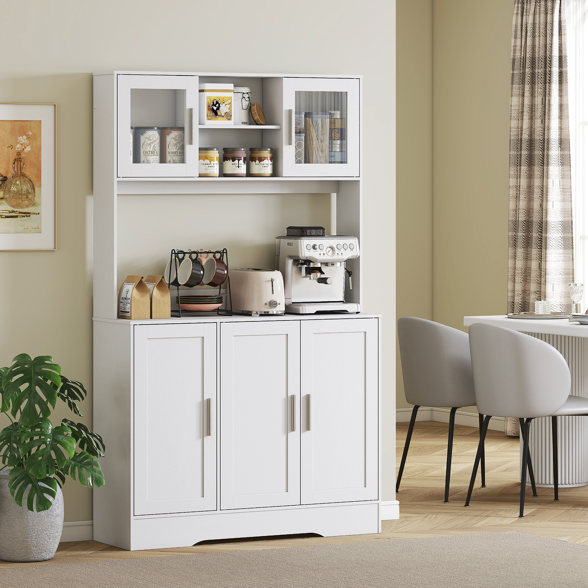 Küchenschrank, Skandinavisches Design, 4 Schränke, verstellbare Regale, Glastüren, offene Fläche, Spanplatte, MDF, Weiß