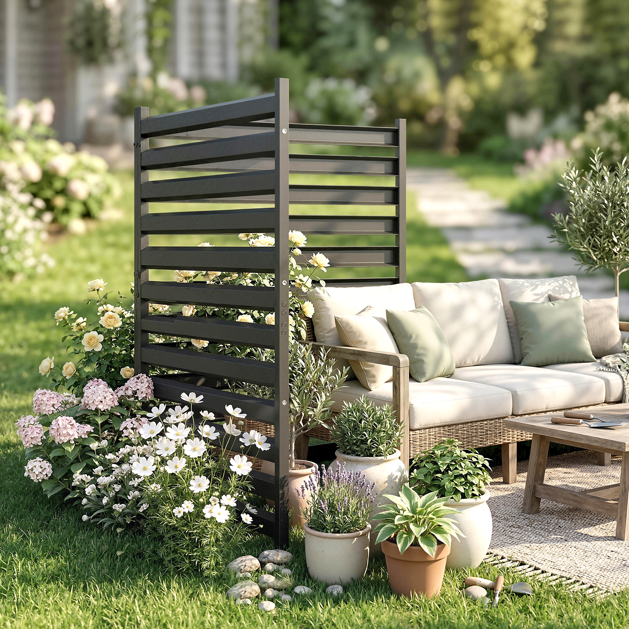 Gartenzaun 2 Paneele 91 x 152 cm Metall Sichtschutzzaun mit Pfosten & Schutzkappen rostfreie Schwarz
