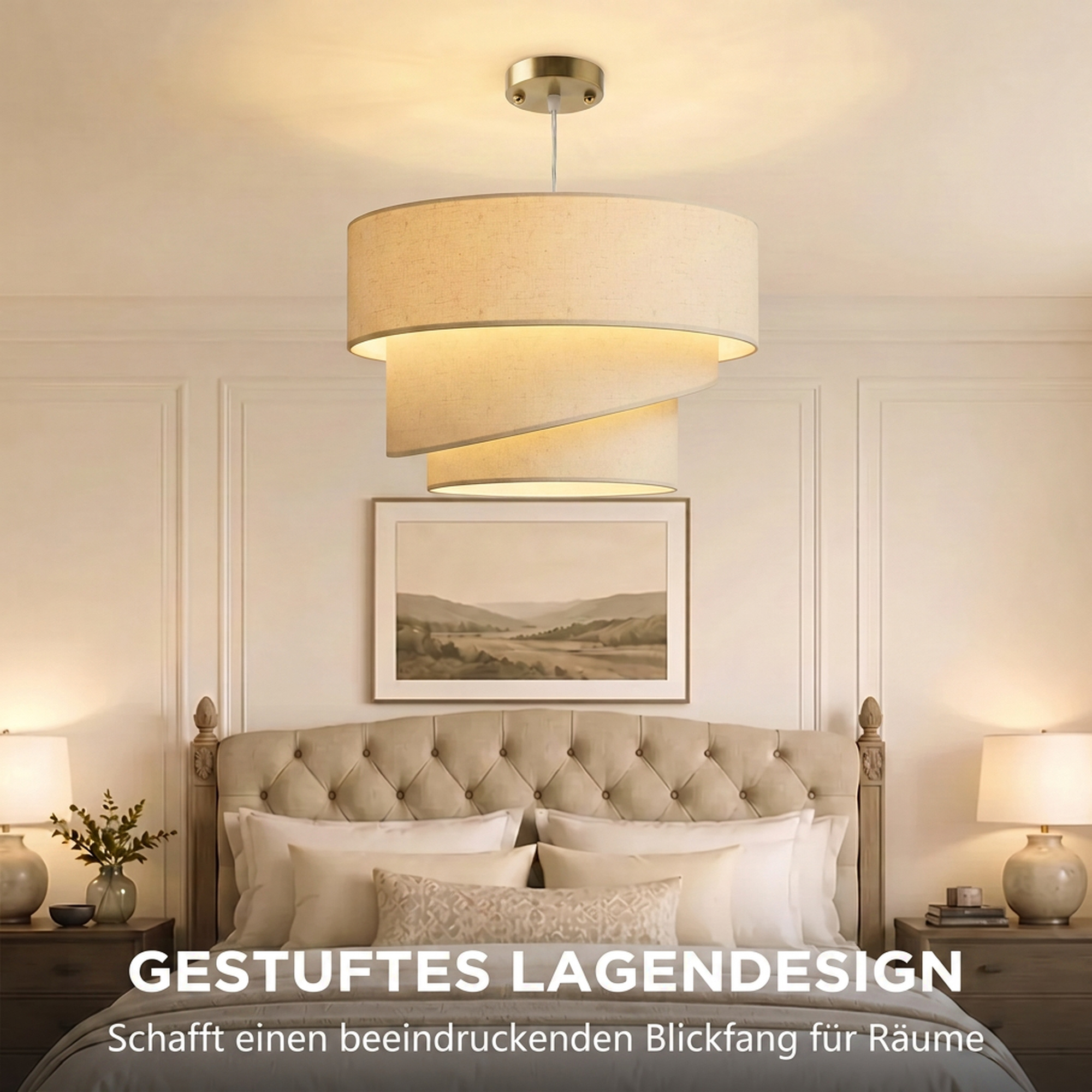 Pendelleuchte mit 3 Leinenschirmen, moderne Deckenlampe höhenverstellbar, Beige, Leuchtmittel nicht enthalten