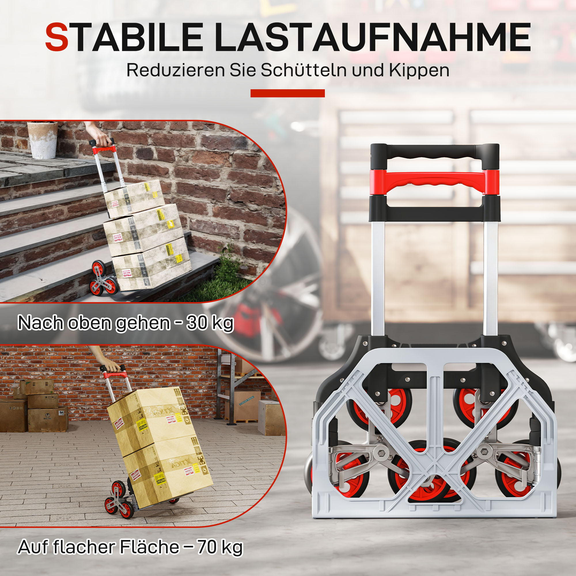 Faltbarer Treppensteiger-Trolley, 6-Rad-System, trägt 70 kg, Aluminium, Rot