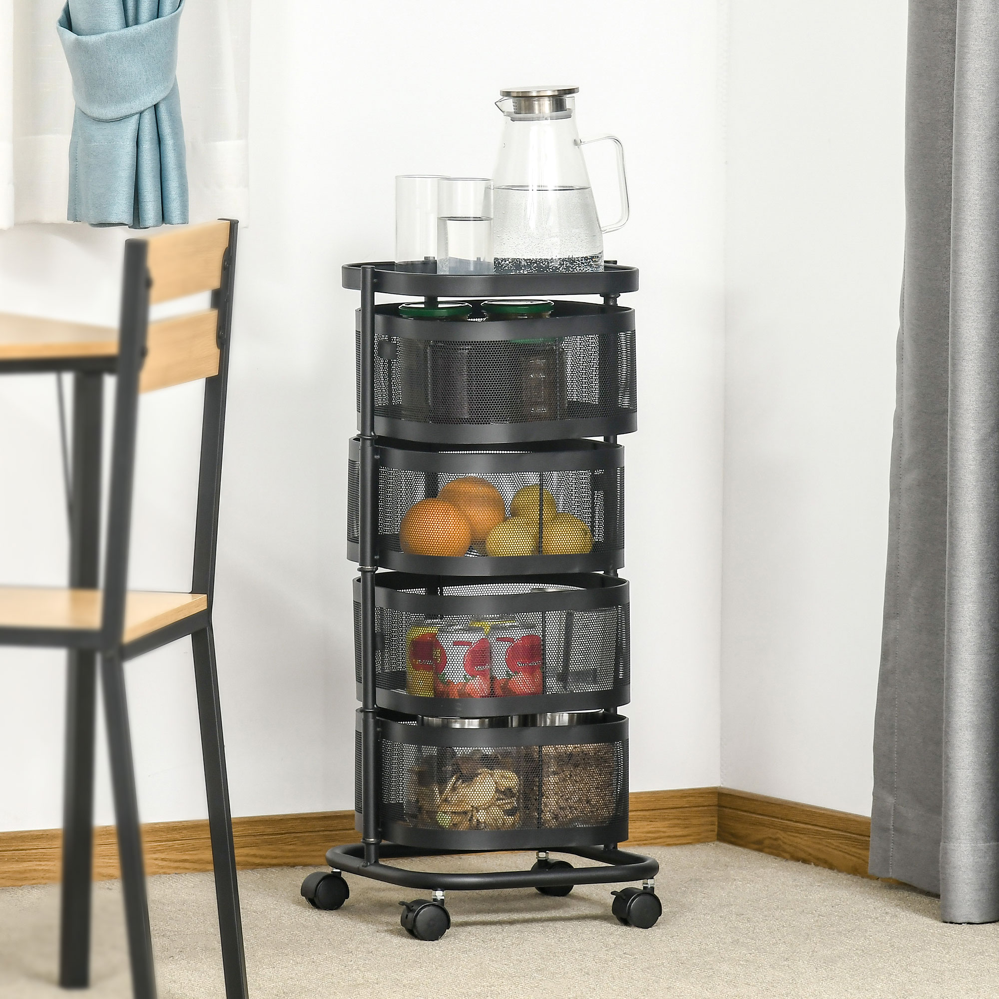 Servierwagen mit 4 Ebenen drehbar Küchenwagen mit Rollen Drahtkorb Rollwagen mit oberen Regal 33x33x77 cm Schwarz