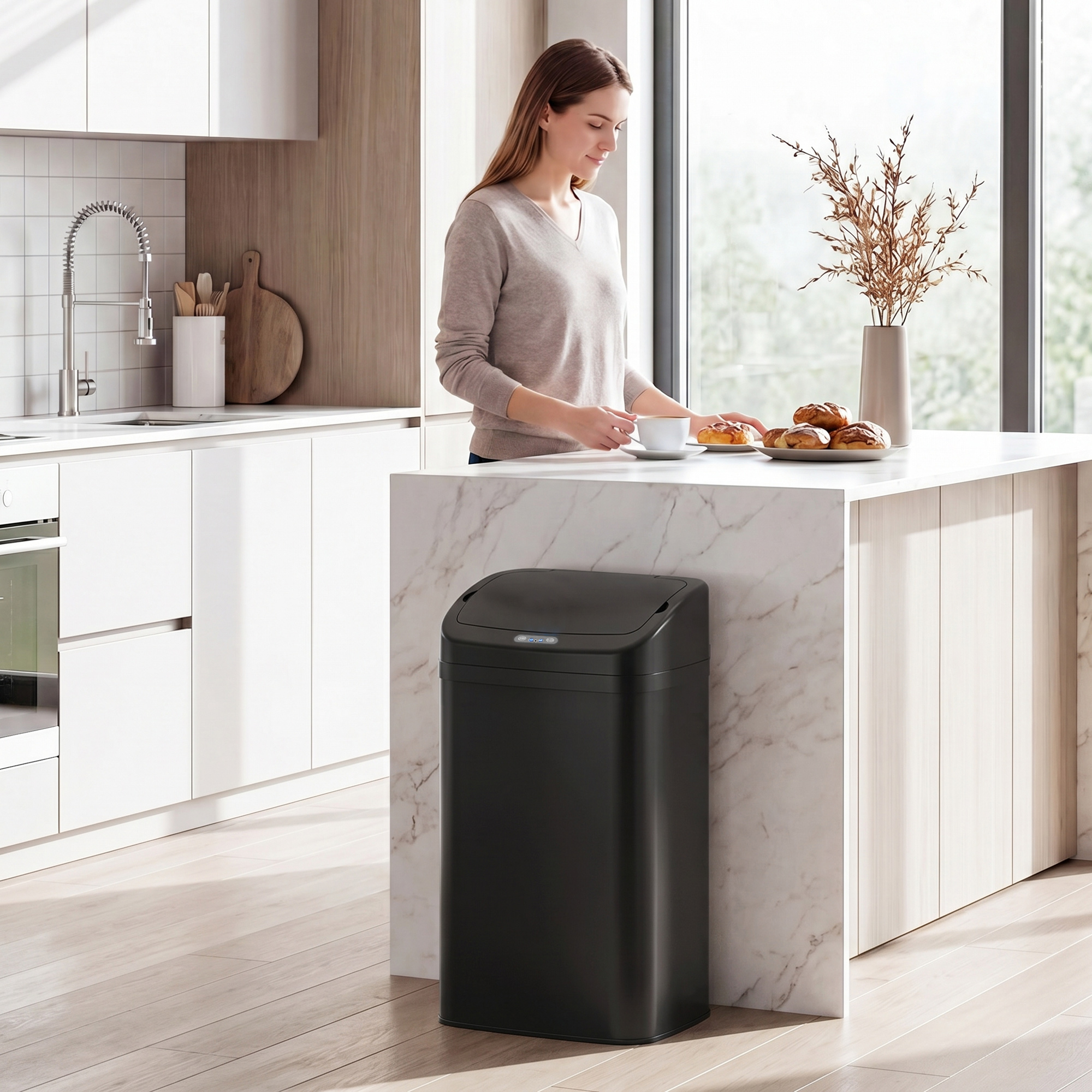 48l Sensor-Mülleimer für Küche oder Büro, automatische Schließ-Funktion, Edelstahl, Schwarz