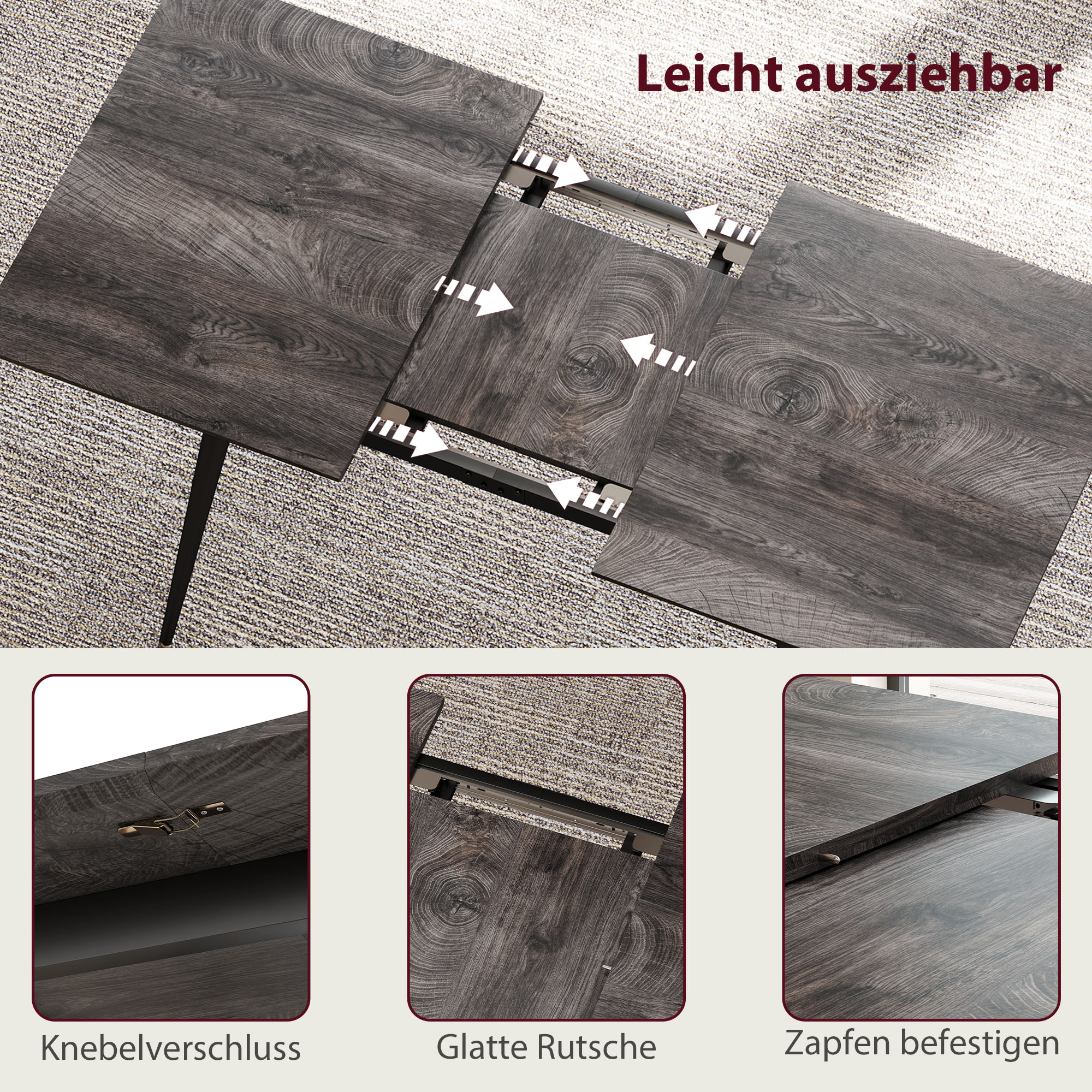 Ausziehbarer Esstisch, Erweiterbarer Tisch für 6-8 Personen, Küchentisch mit soliden Stahlbeinen