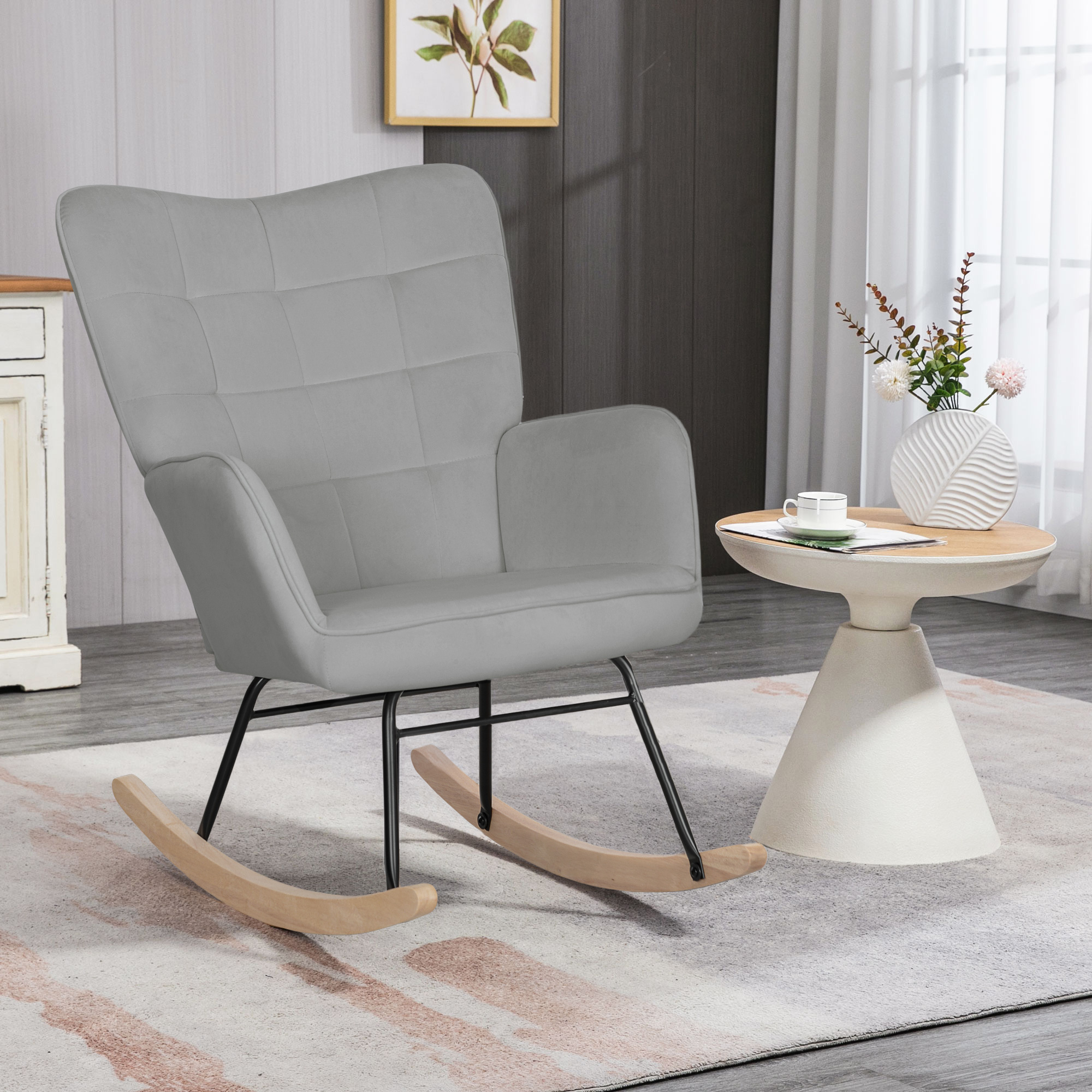 Schaukelstuhl, dicke Polsterung, breite Rückenlehne, Buchenholz/Stahlrahmen, bis 120 kg, Hellgrau